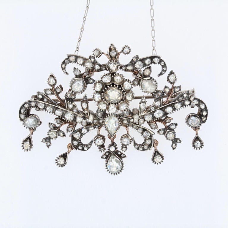French 19th Century Diamonds 18 Karat Gold Silver Brooch Pendant For Sale 5