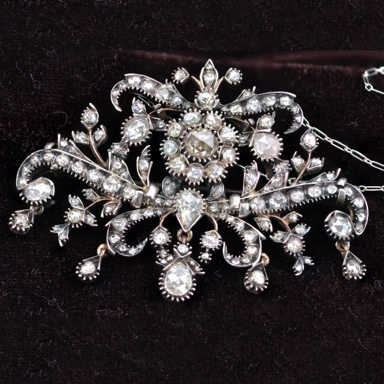 French 19th Century Diamonds 18 Karat Gold Silver Brooch Pendant For Sale 13