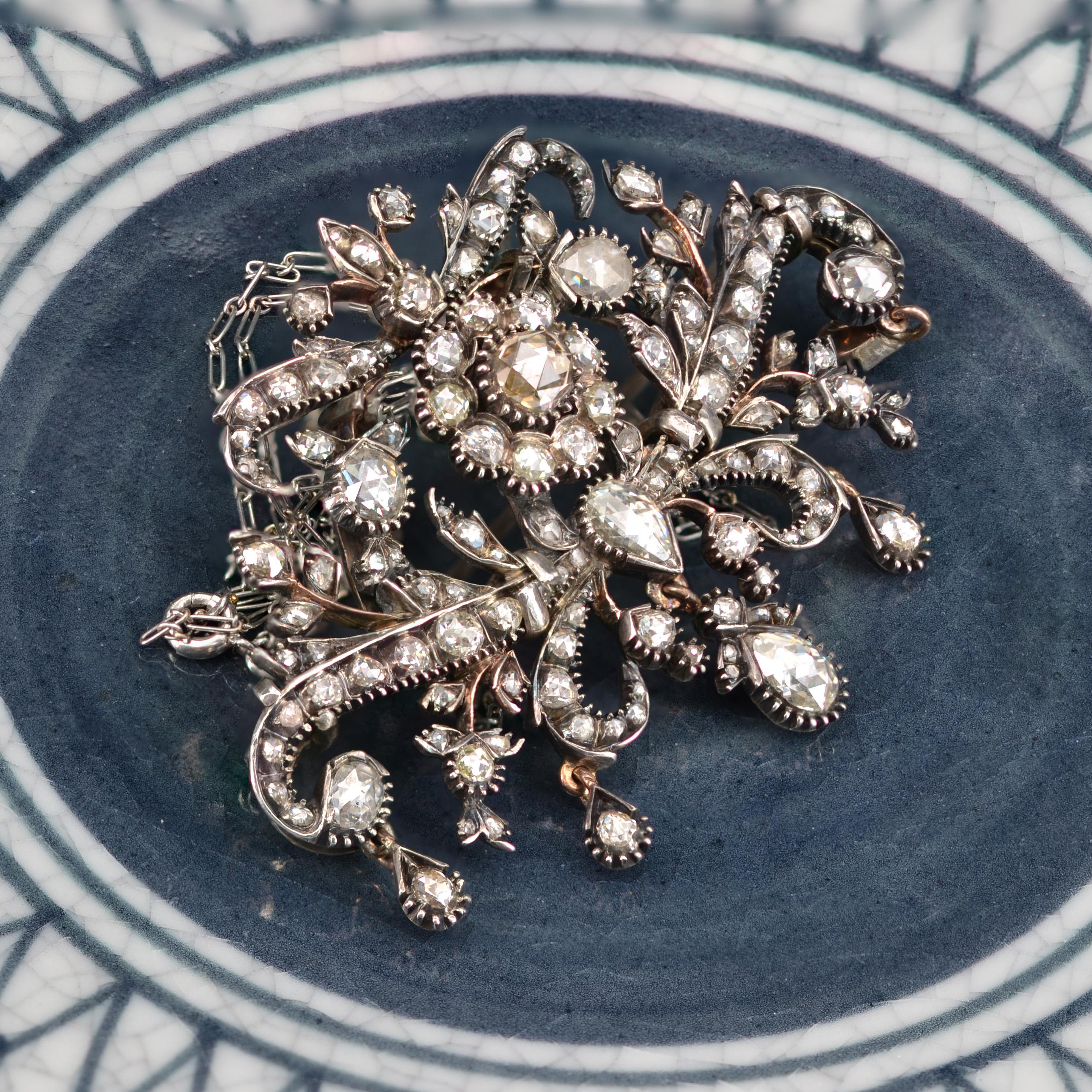Belle Époque French 19th Century Diamonds 18 Karat Gold Silver Brooch Pendant For Sale