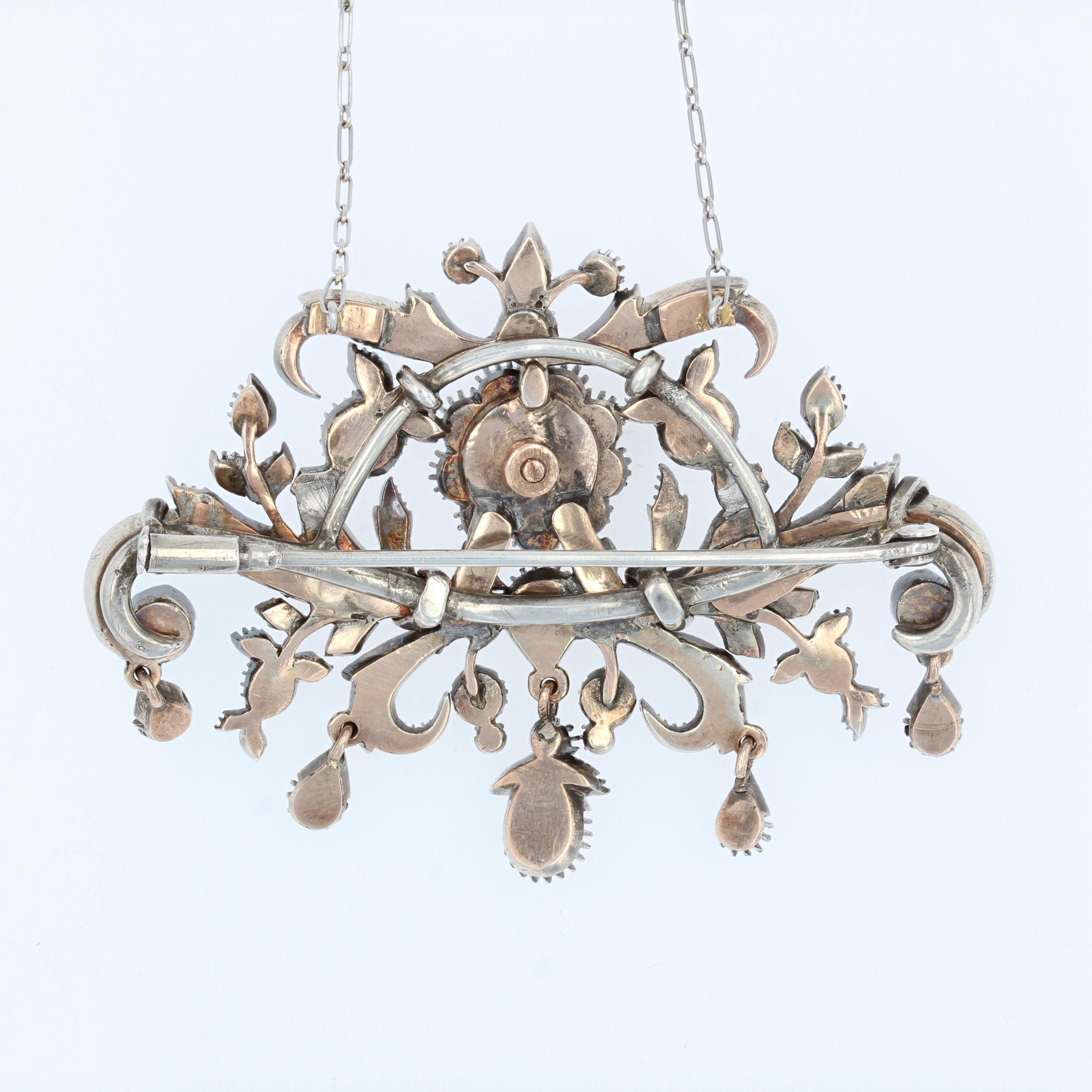 Belle Époque French 19th Century Diamonds 18 Karat Gold Silver Brooch Pendant For Sale