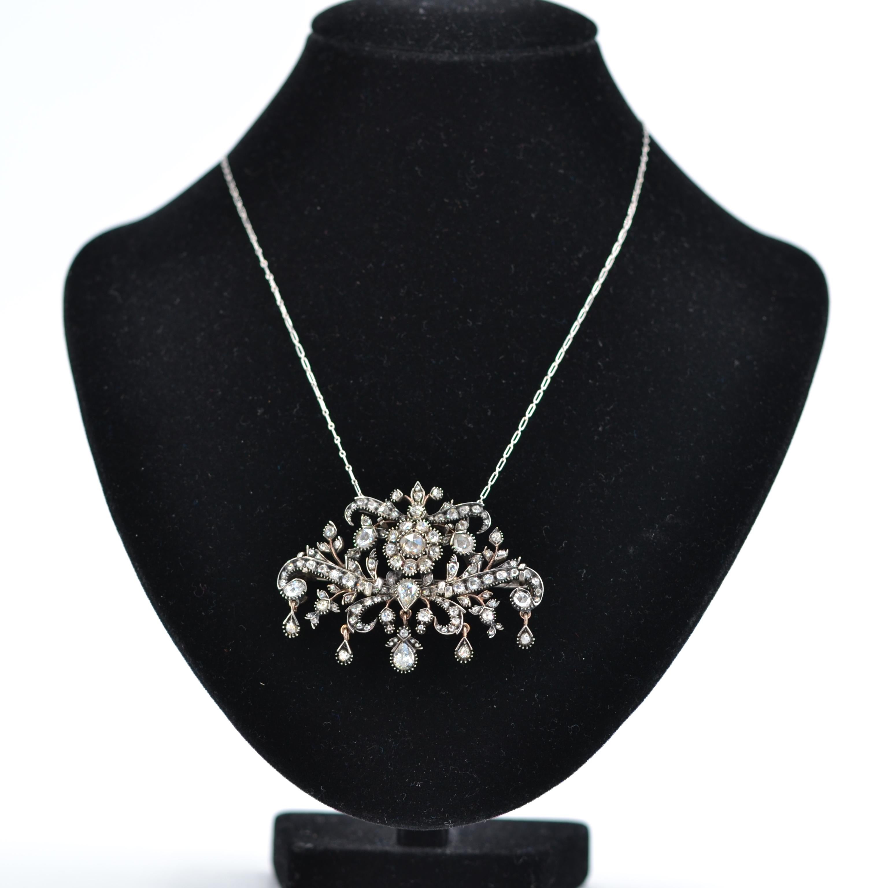 Women's French 19th Century Diamonds 18 Karat Gold Silver Brooch Pendant For Sale