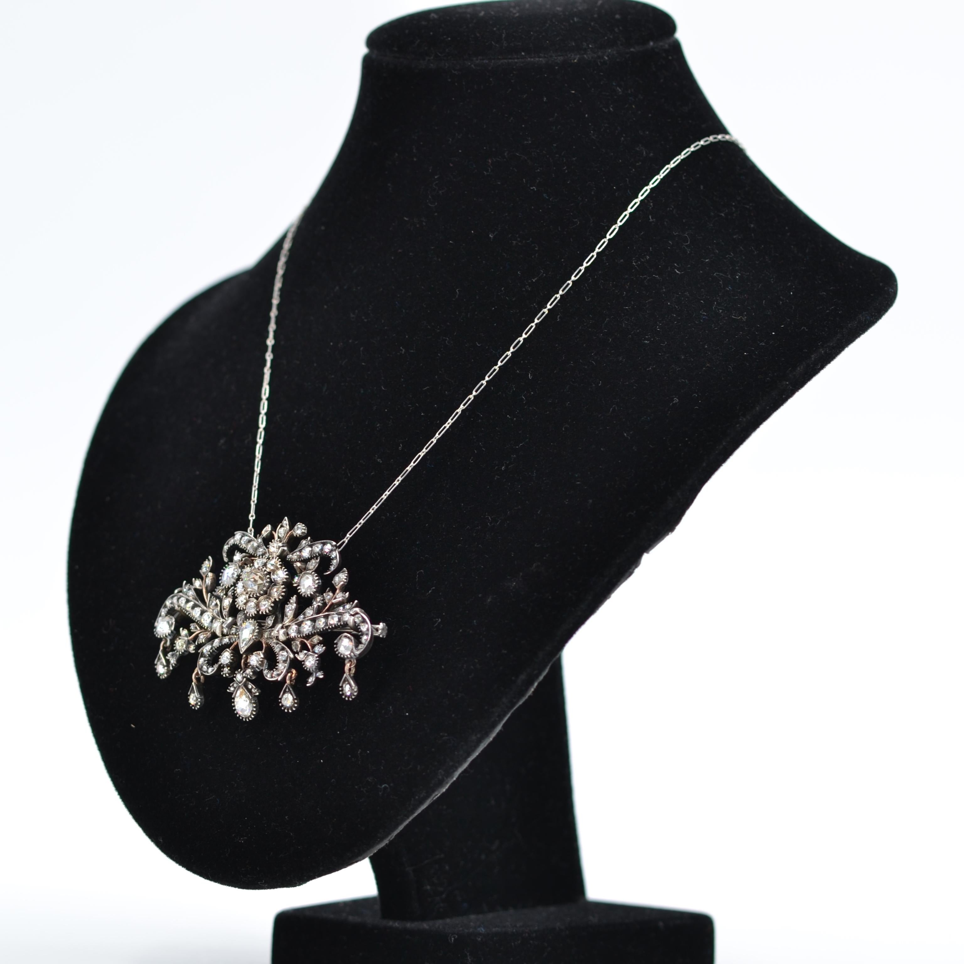 French 19th Century Diamonds 18 Karat Gold Silver Brooch Pendant For Sale 2
