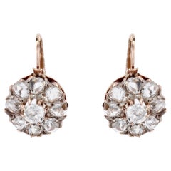 French 19th Century Diamonds 18 Karat Rose Gold Daisy Earrings