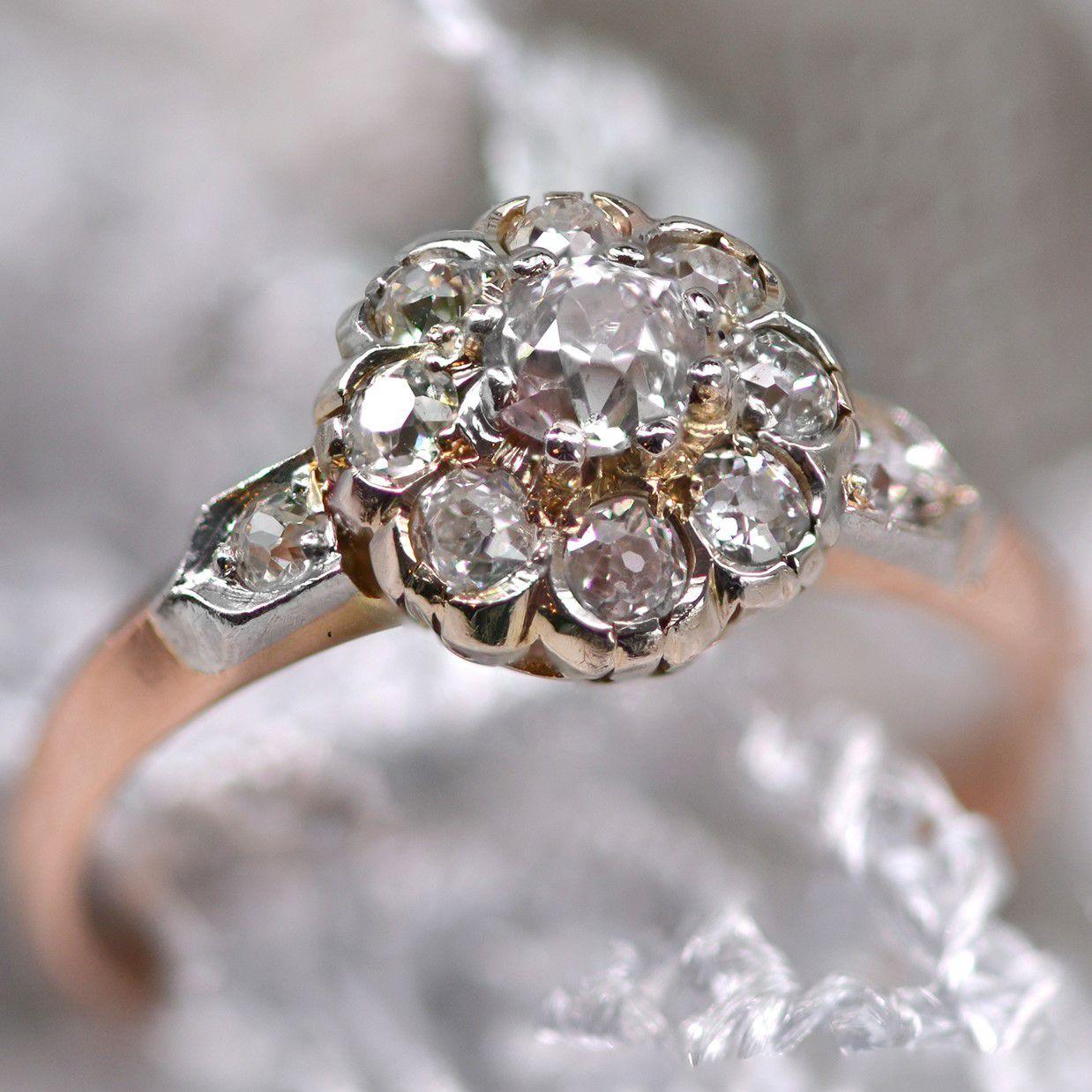 French 19th Century Diamonds 18 Karat Rose Gold Daisy Ring For Sale 3