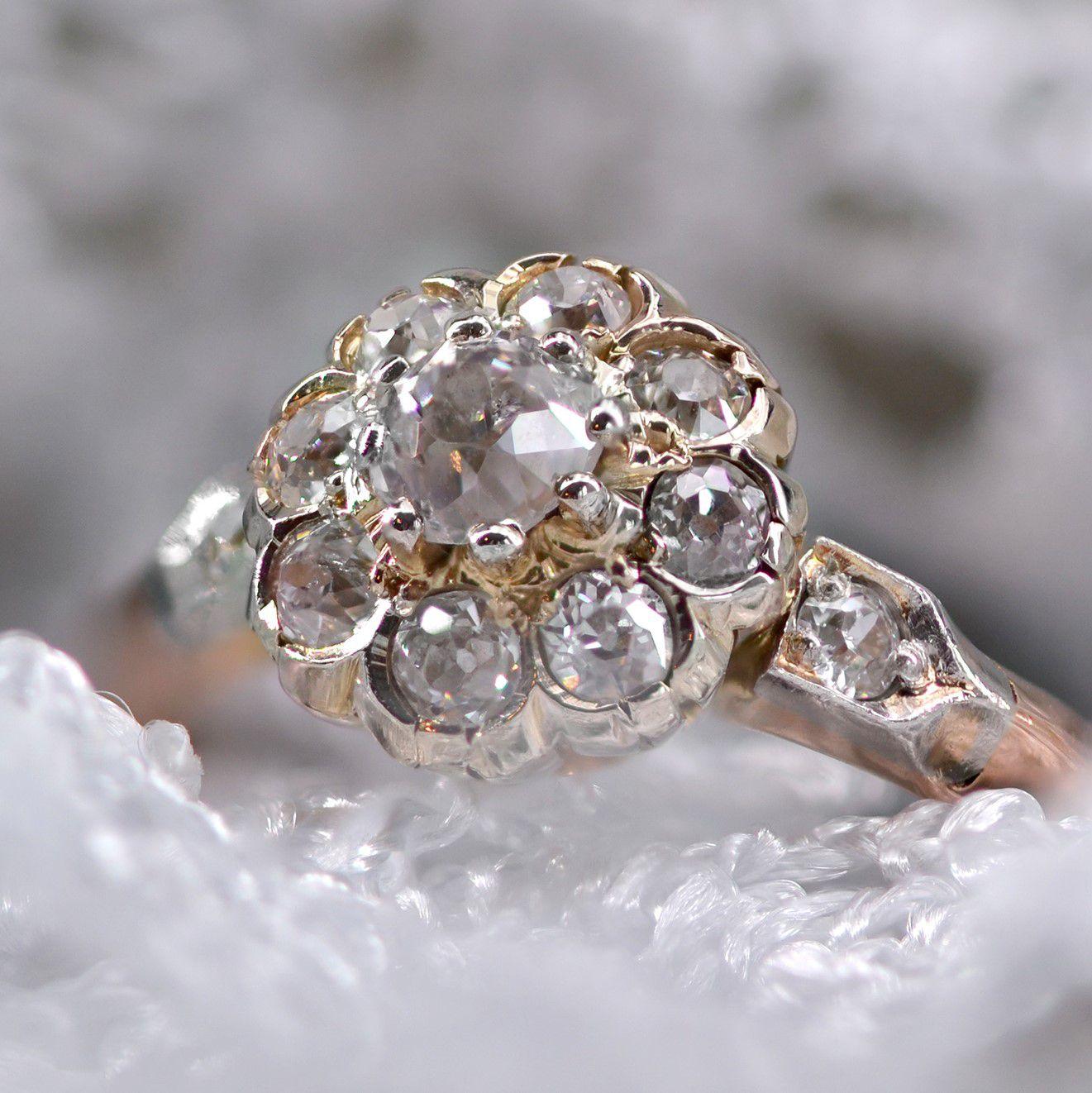 French 19th Century Diamonds 18 Karat Rose Gold Daisy Ring For Sale 4