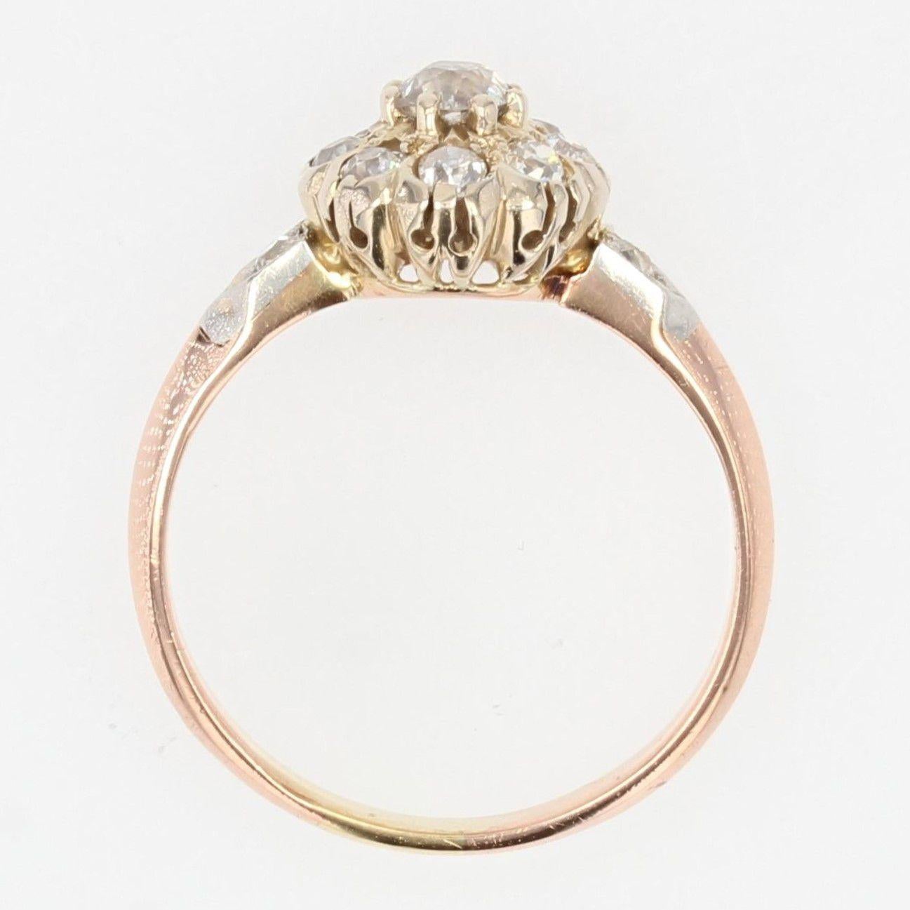 French 19th Century Diamonds 18 Karat Rose Gold Daisy Ring For Sale 5