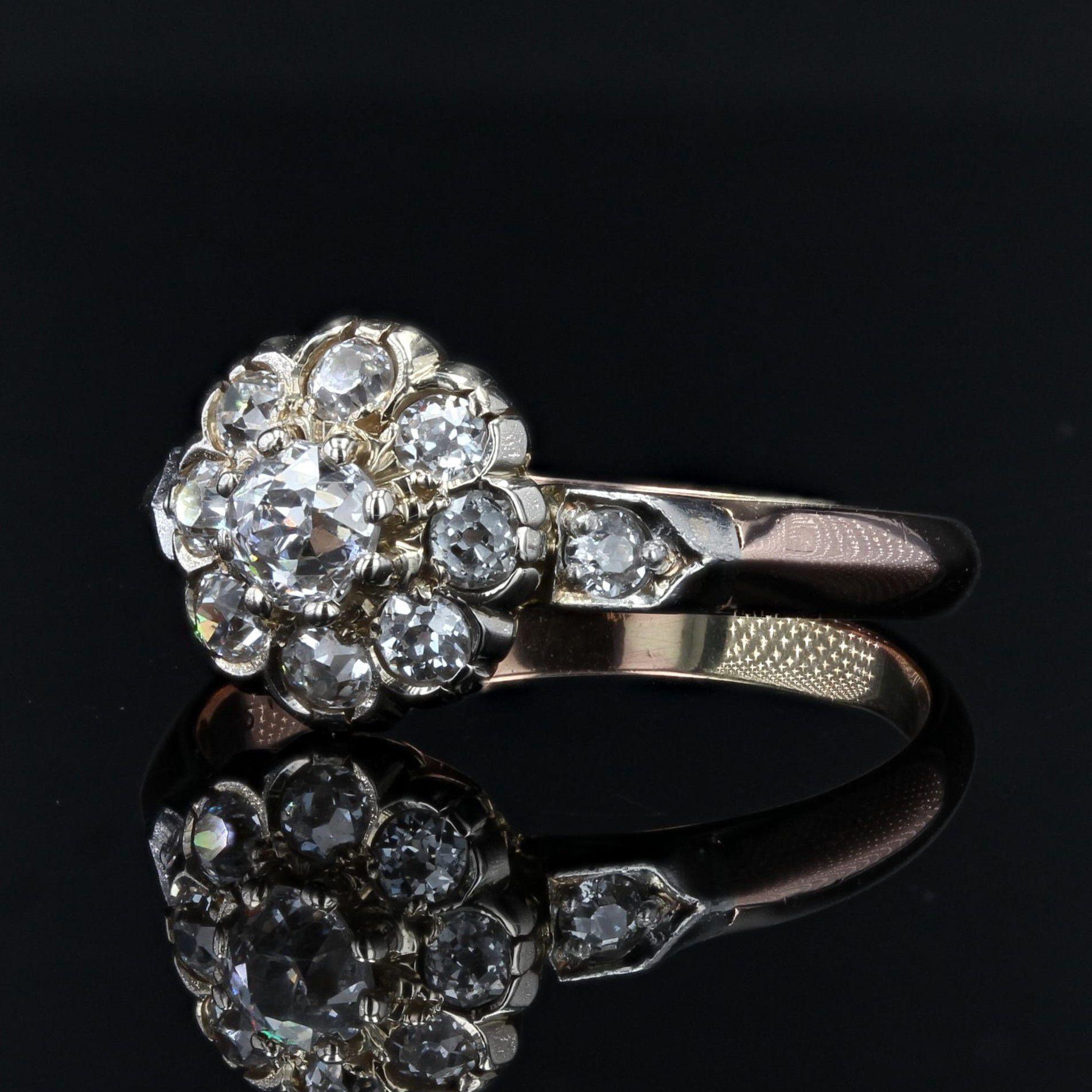 Napoleon III French 19th Century Diamonds 18 Karat Rose Gold Daisy Ring For Sale