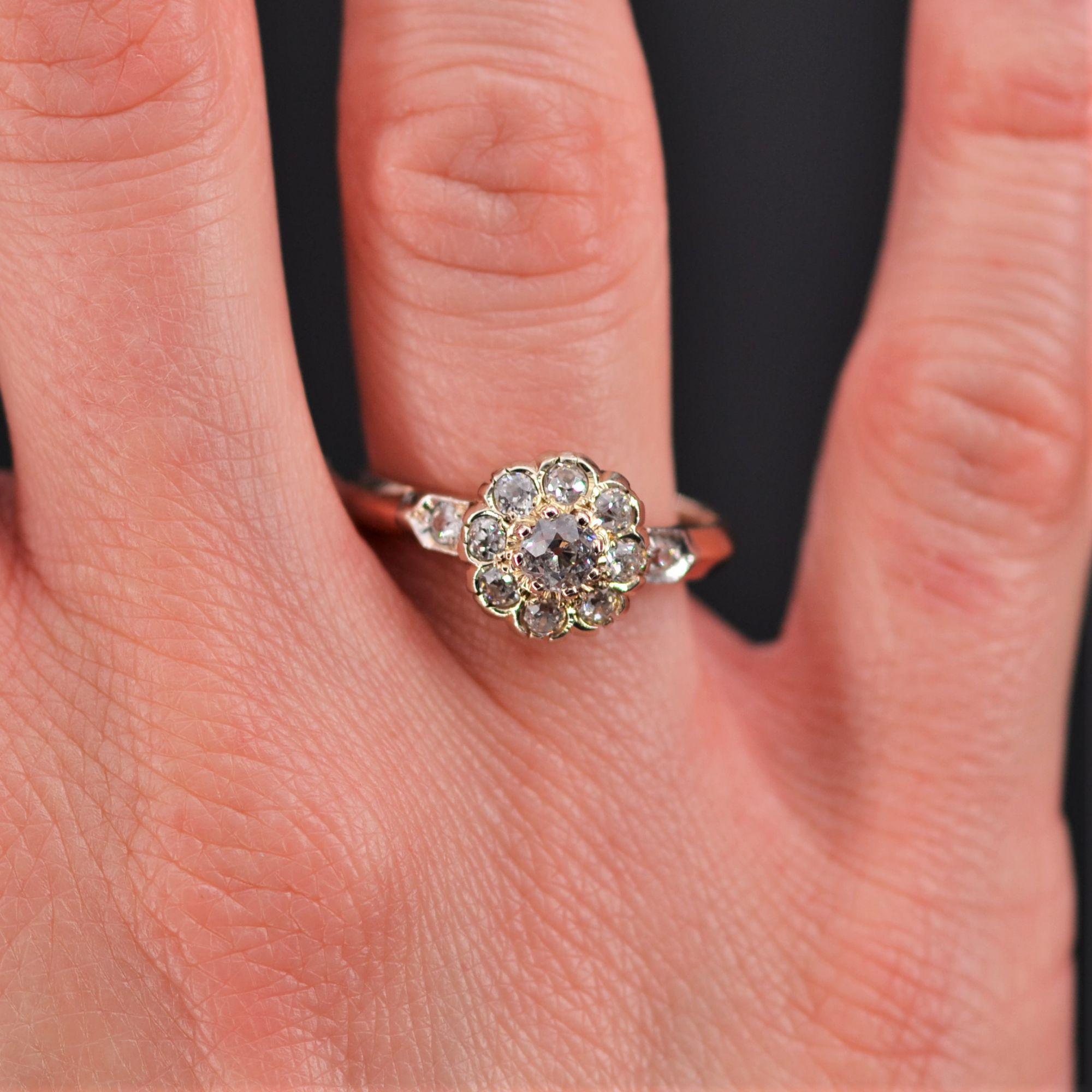 Old European Cut French 19th Century Diamonds 18 Karat Rose Gold Daisy Ring For Sale