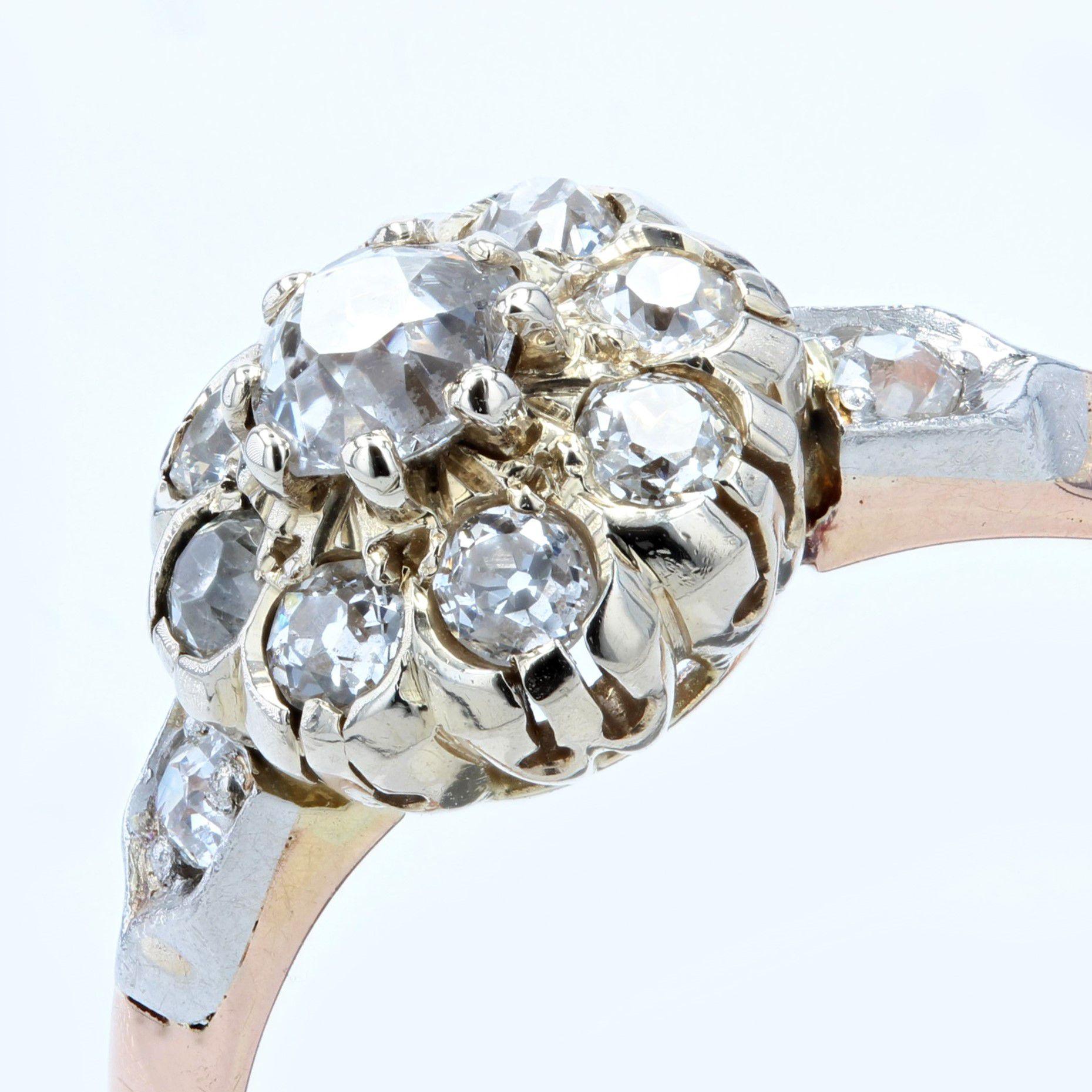 Women's French 19th Century Diamonds 18 Karat Rose Gold Daisy Ring For Sale