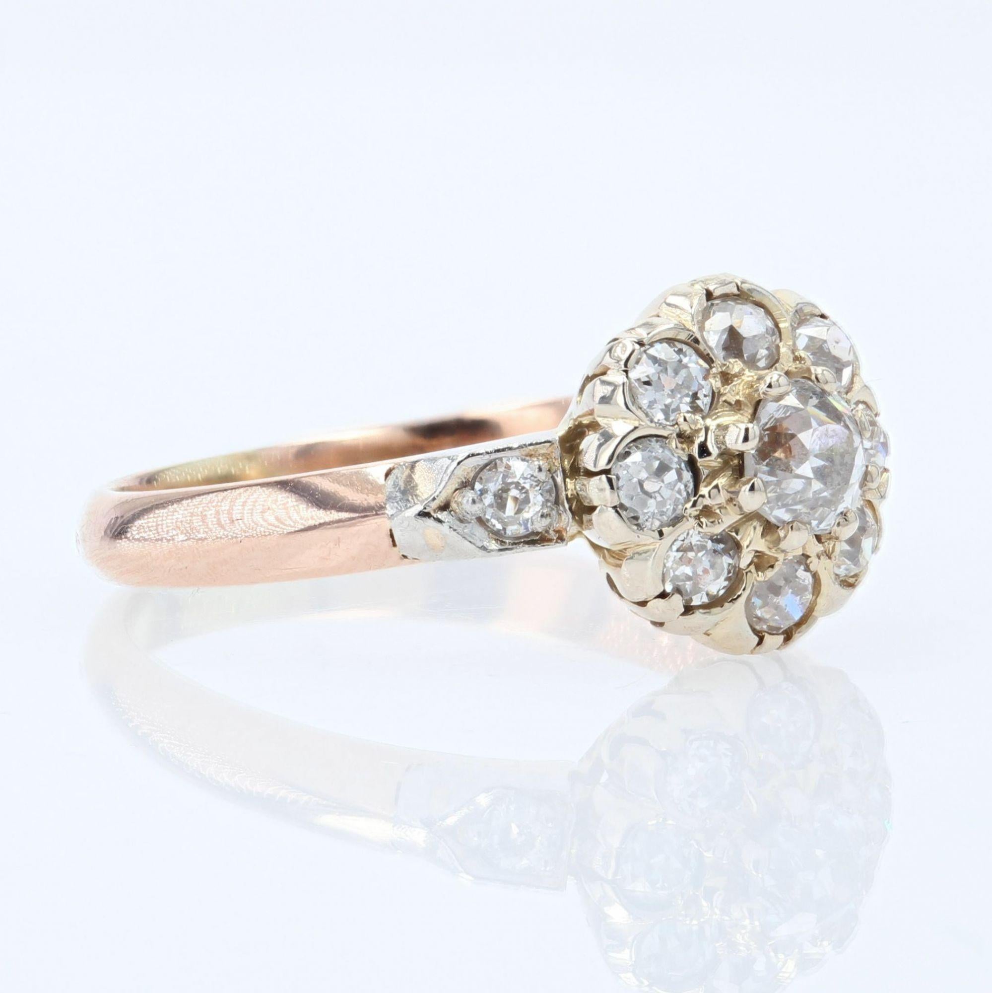 French 19th Century Diamonds 18 Karat Rose Gold Daisy Ring For Sale 1