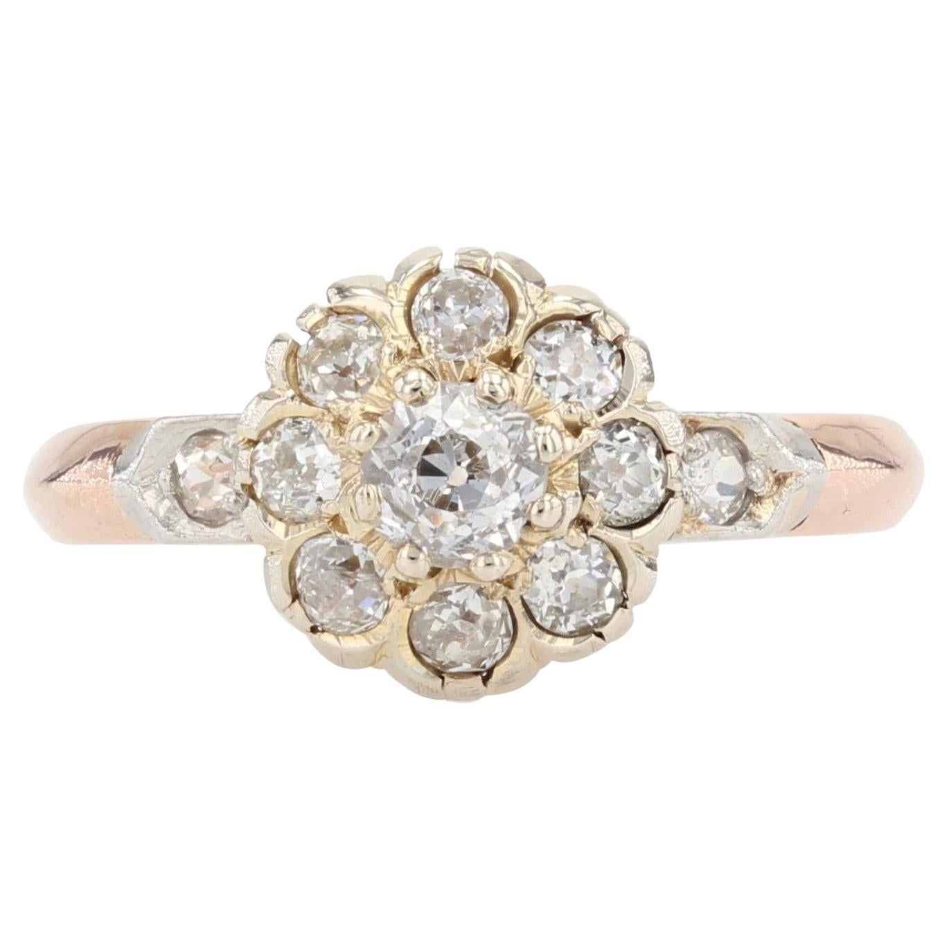 French 19th Century Diamonds 18 Karat Rose Gold Daisy Ring