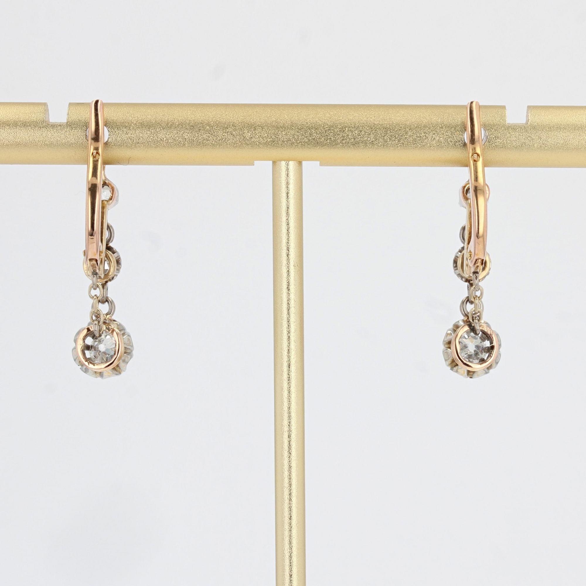 French 19th Century Diamonds 18 Karat Rose Gold Dangle Earrings 1