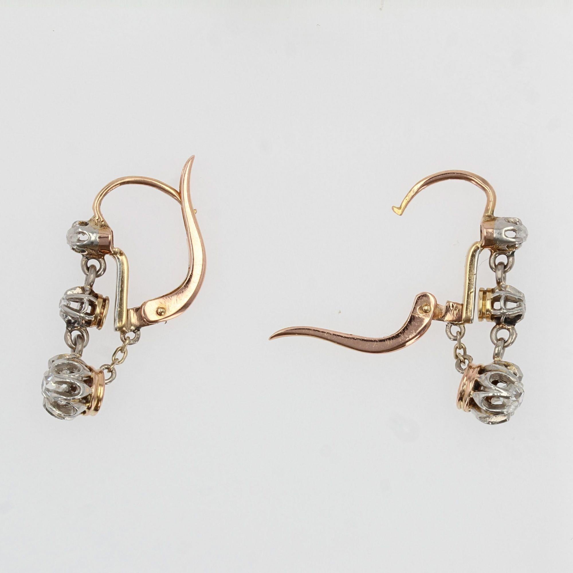 French 19th Century Diamonds 18 Karat Rose Gold Dangle Earrings 2