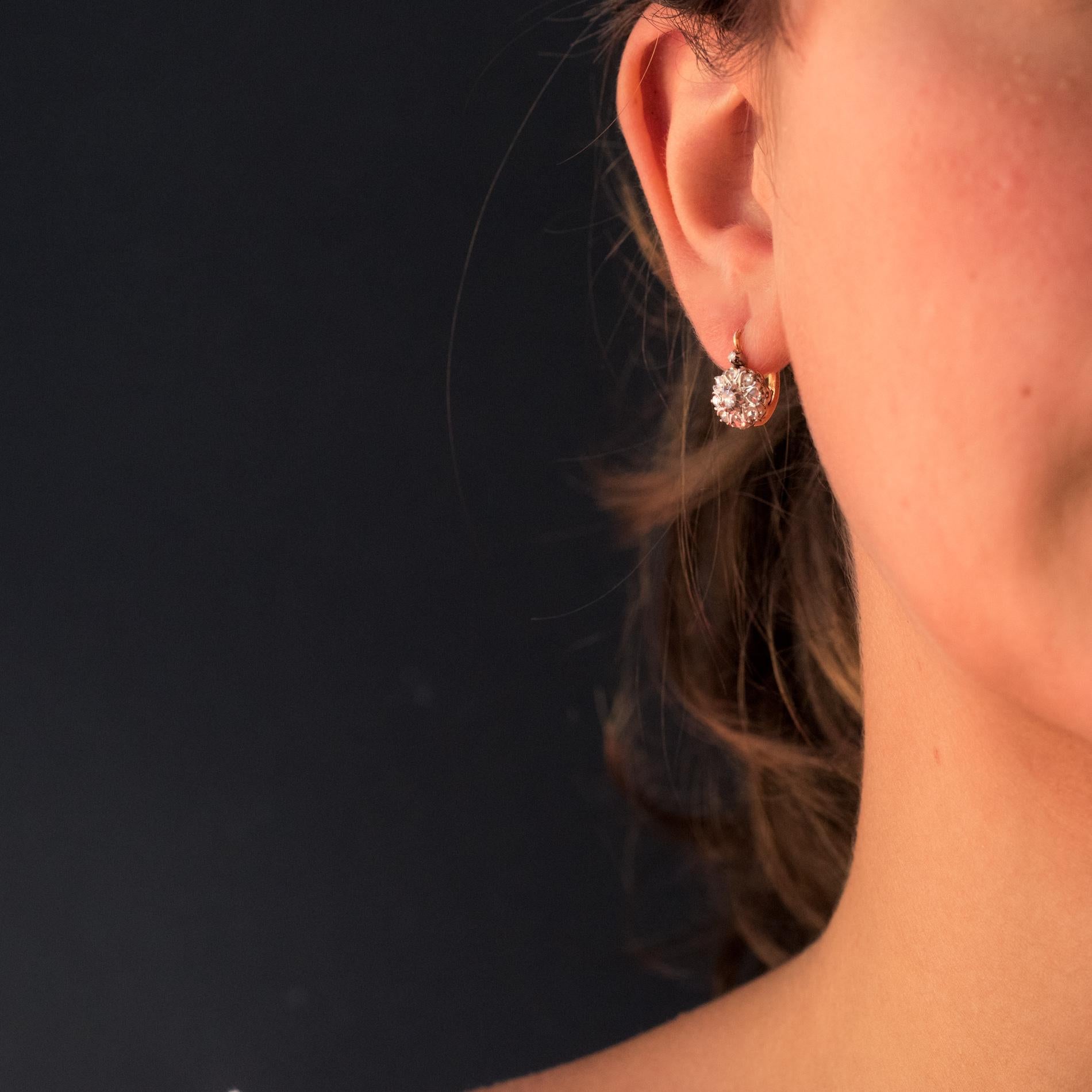 French 19th Century Diamonds 18 Karat Rose Gold Drop Earrings In Good Condition In Poitiers, FR