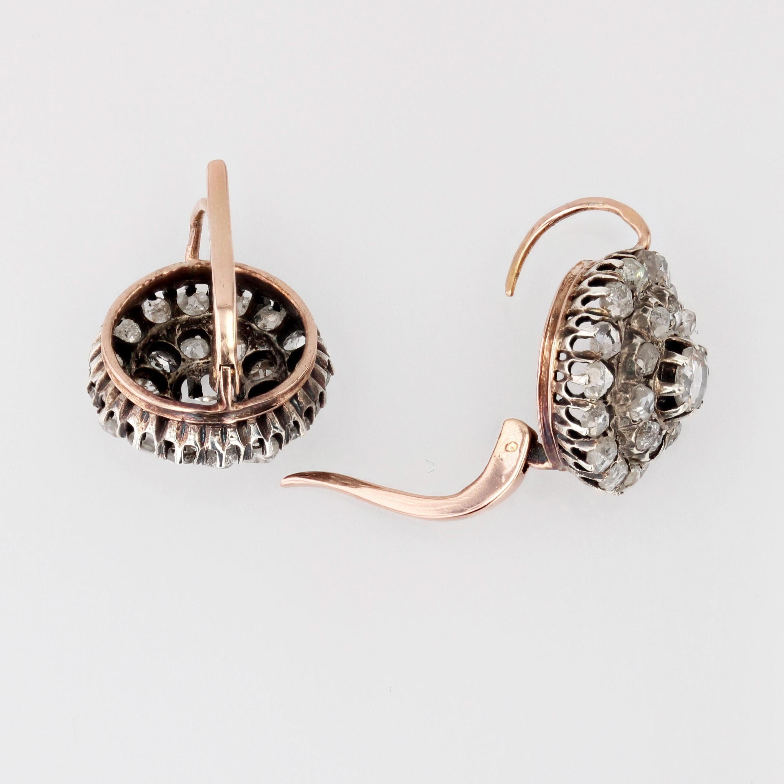 French 19th Century Diamonds 18 Karat Rose Gold Lever-Back Daisy Earrings For Sale 4