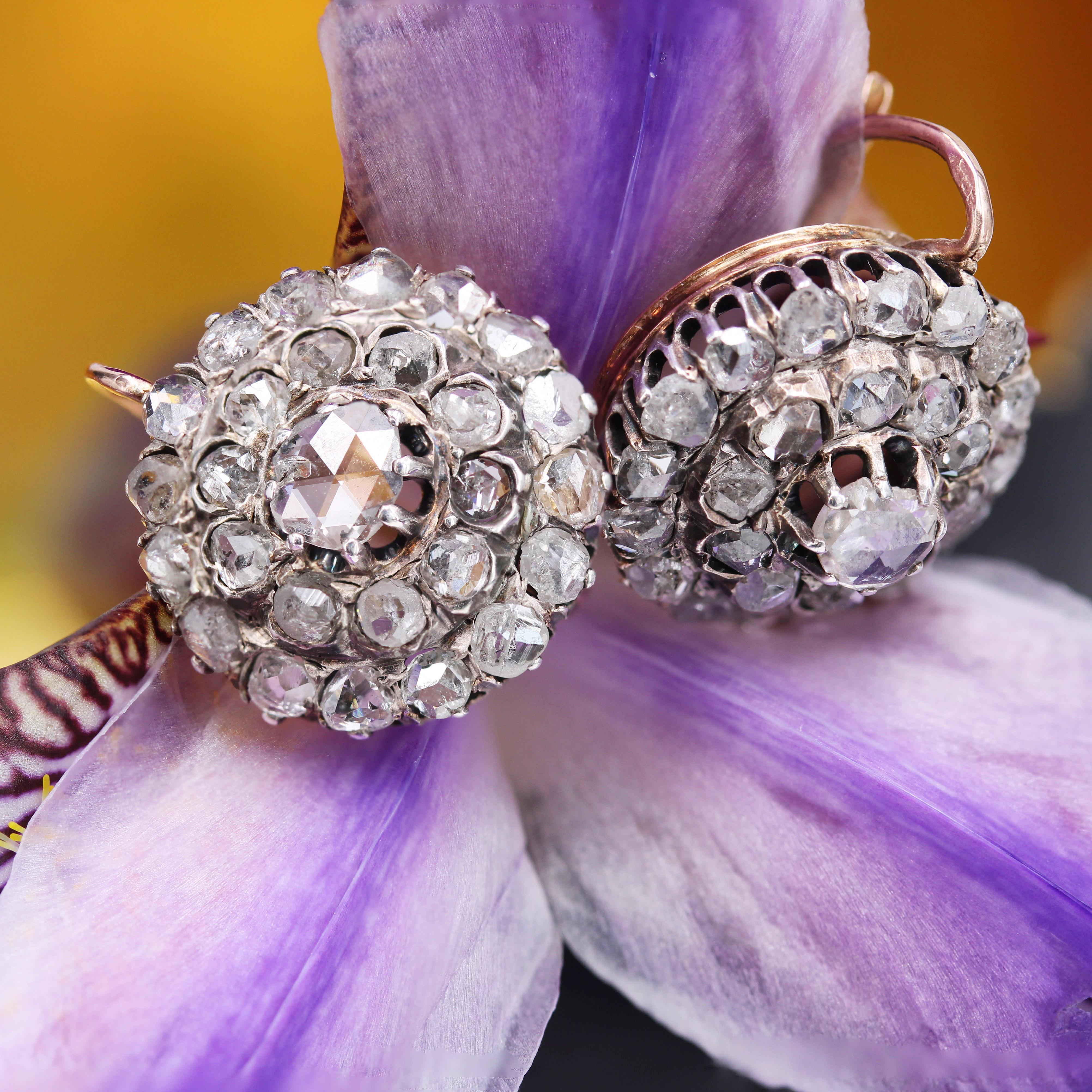 Napoleon III French 19th Century Diamonds 18 Karat Rose Gold Lever-Back Daisy Earrings For Sale