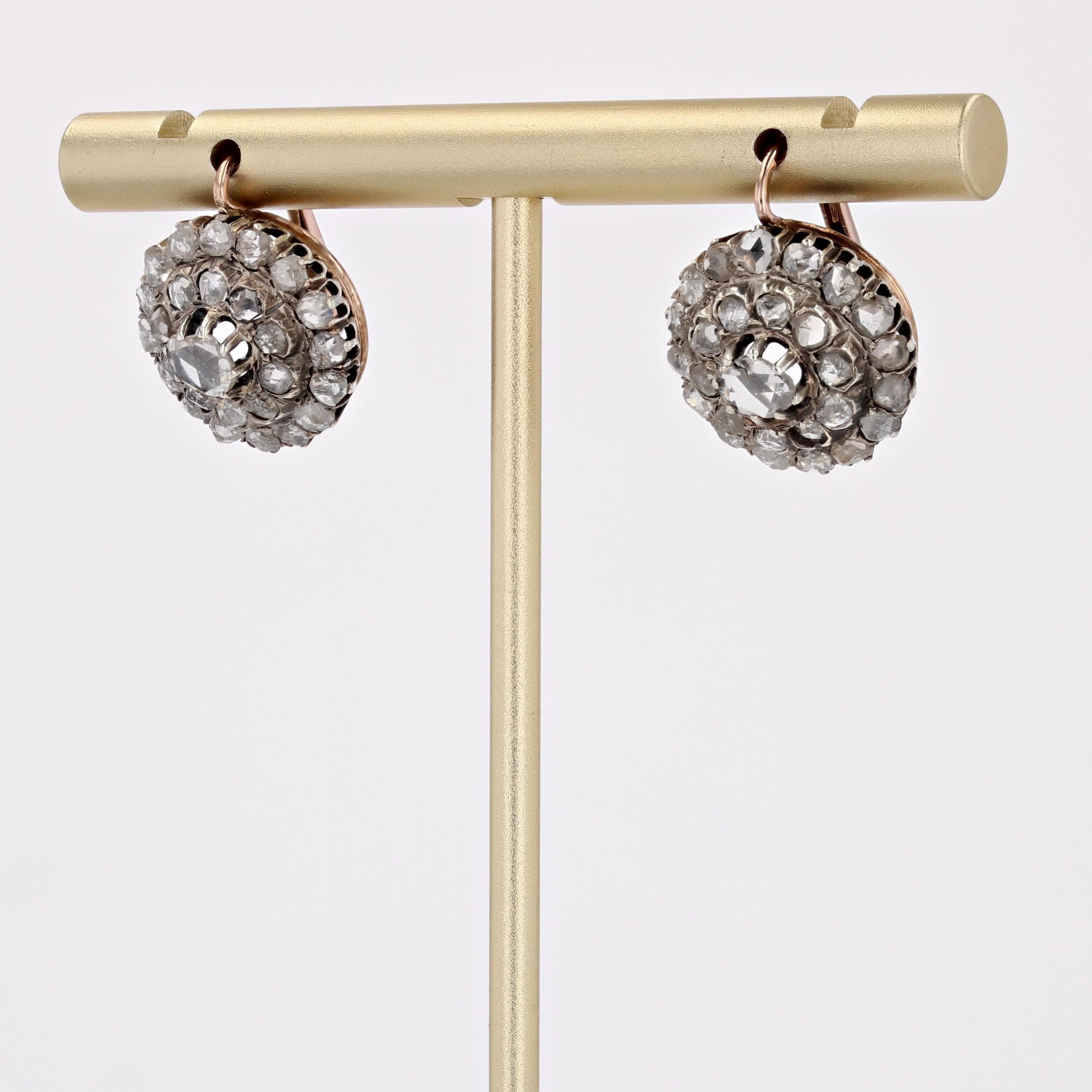 Women's French 19th Century Diamonds 18 Karat Rose Gold Lever-Back Daisy Earrings For Sale