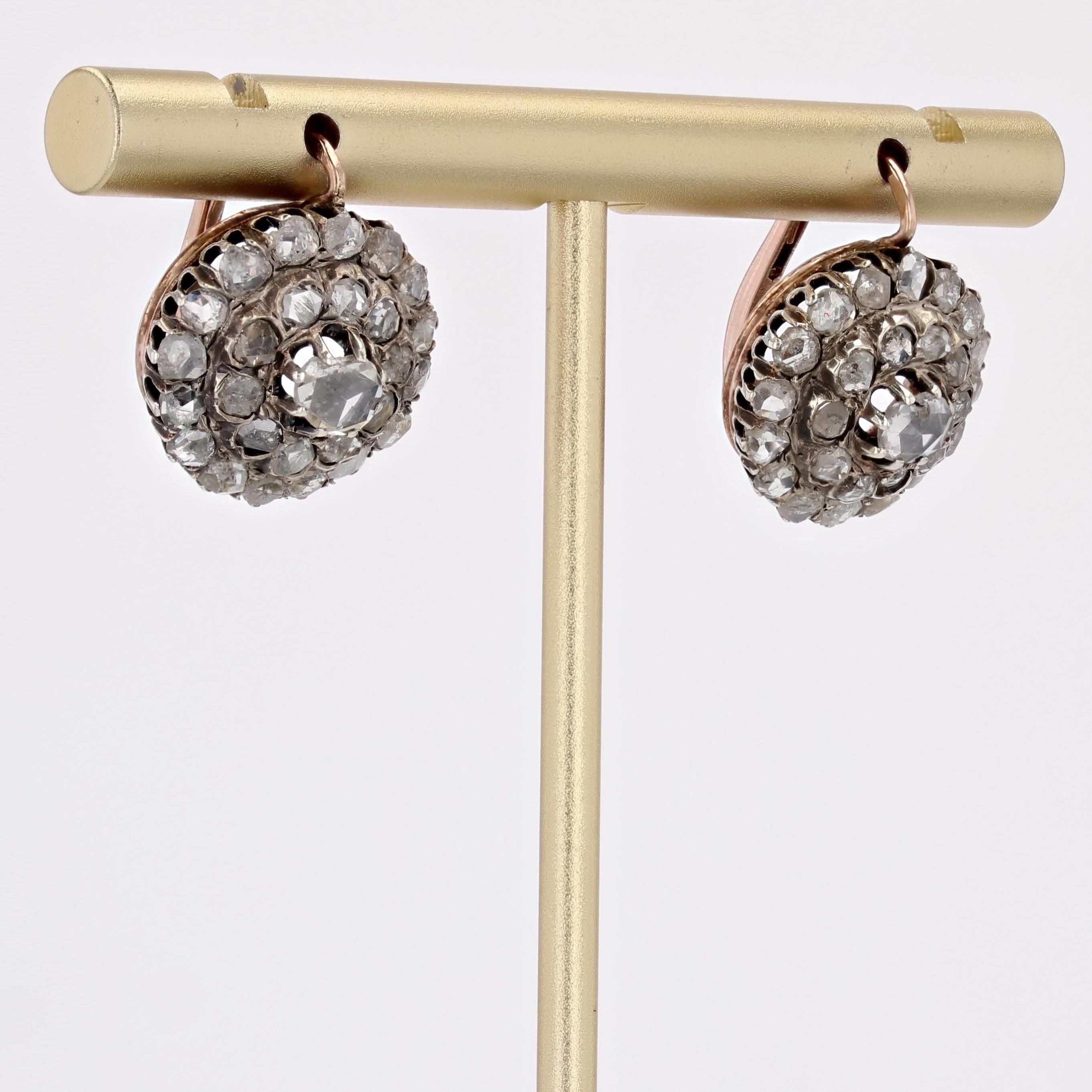French 19th Century Diamonds 18 Karat Rose Gold Lever-Back Daisy Earrings For Sale 1