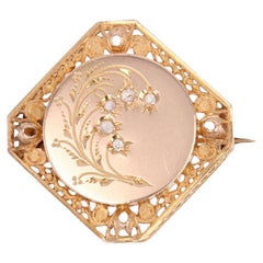 French 19th Century Diamonds 18 Karat Rose Gold Lily of The Valley Brooch