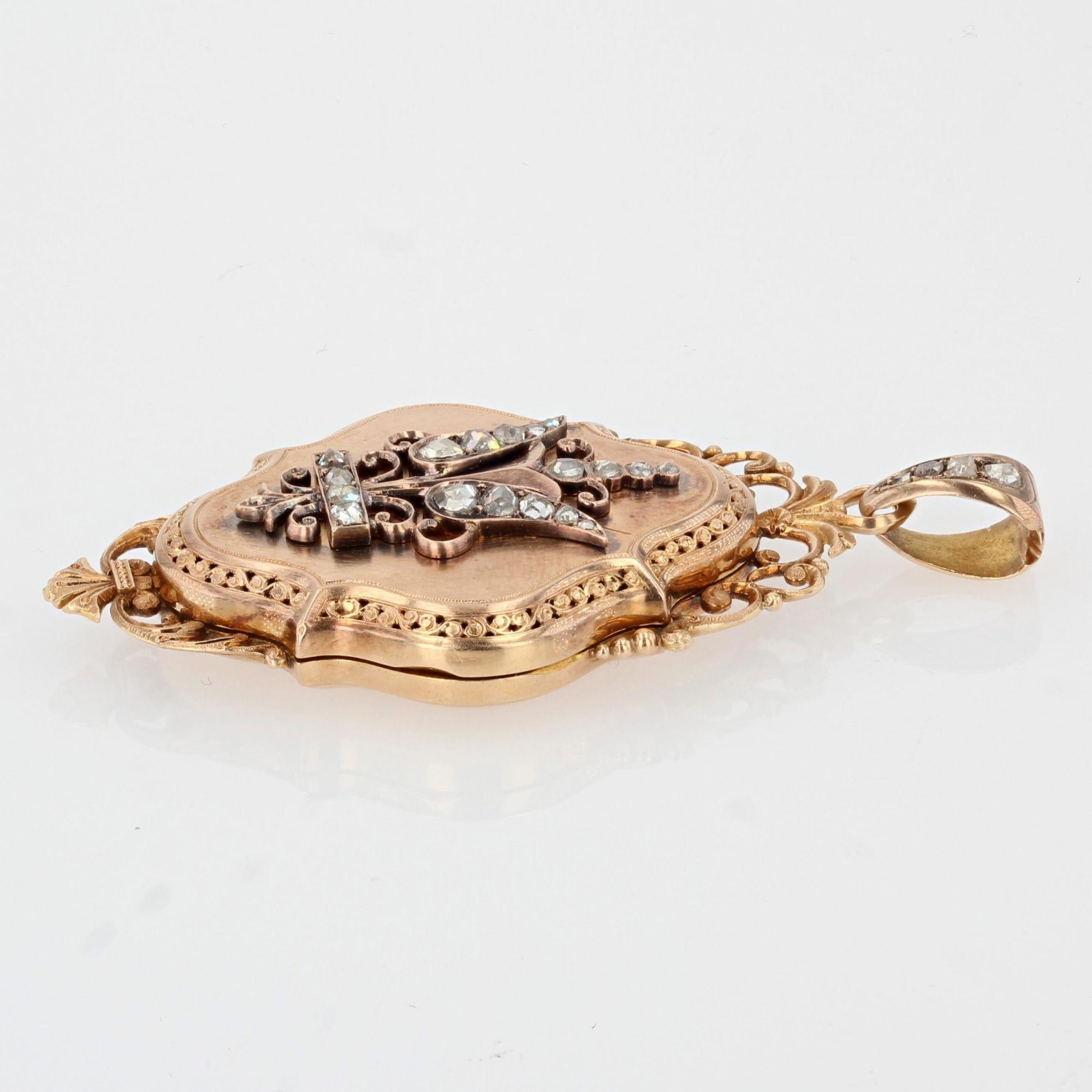 French 19th Century Diamonds 18 Karat Rose Gold Locket Pendant For Sale 7