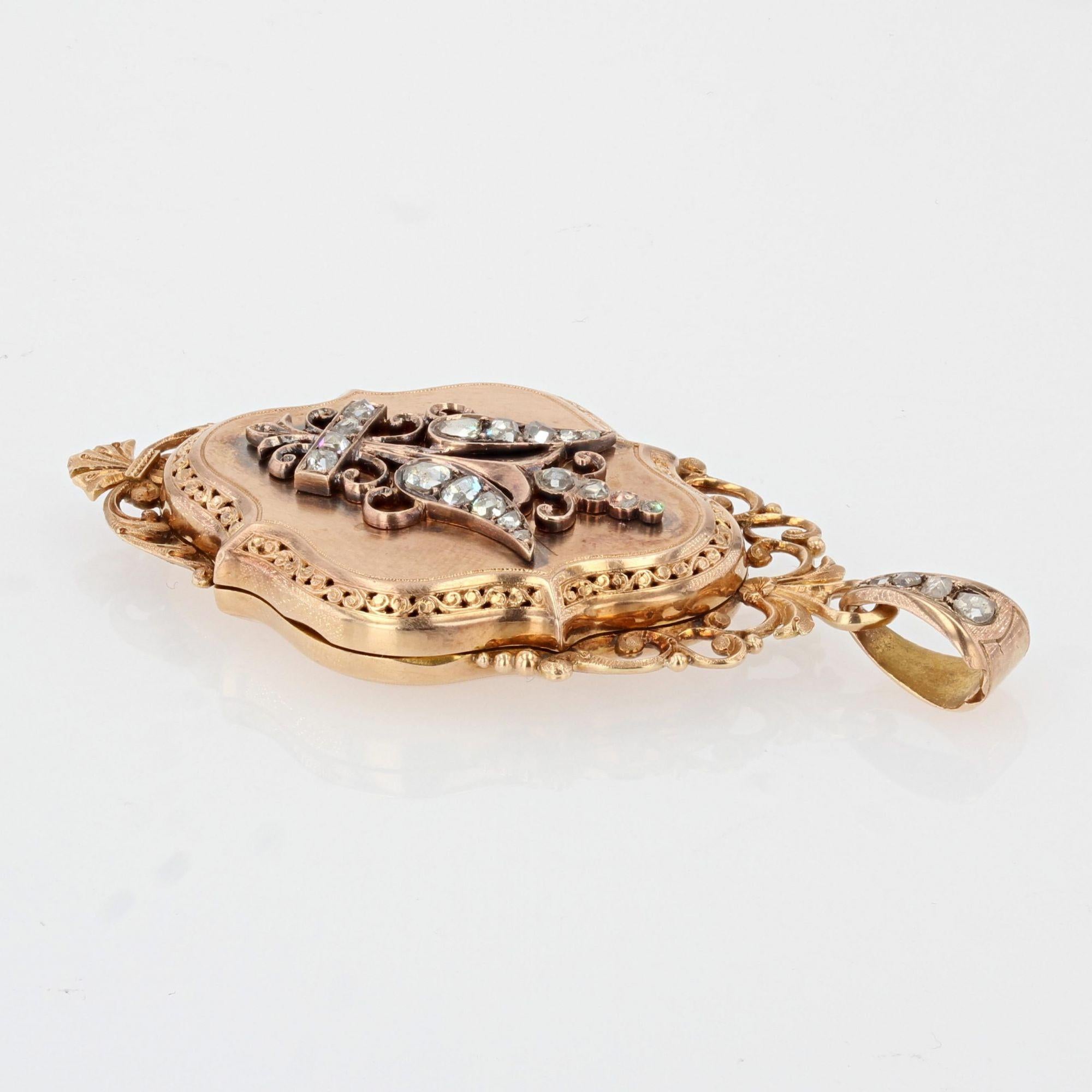 French 19th Century Diamonds 18 Karat Rose Gold Locket Pendant For Sale 8