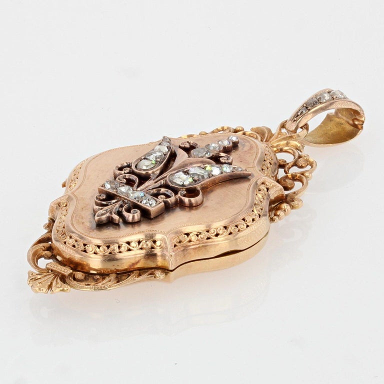 French 19th Century Diamonds 18 Karat Rose Gold Locket Pendant For Sale 11