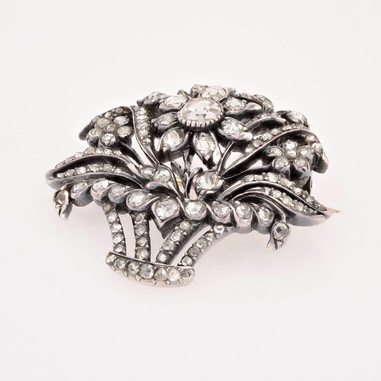 Women's French 19th Century Diamonds 18 Karat Rose Gold Silver Bouquet Brooch For Sale