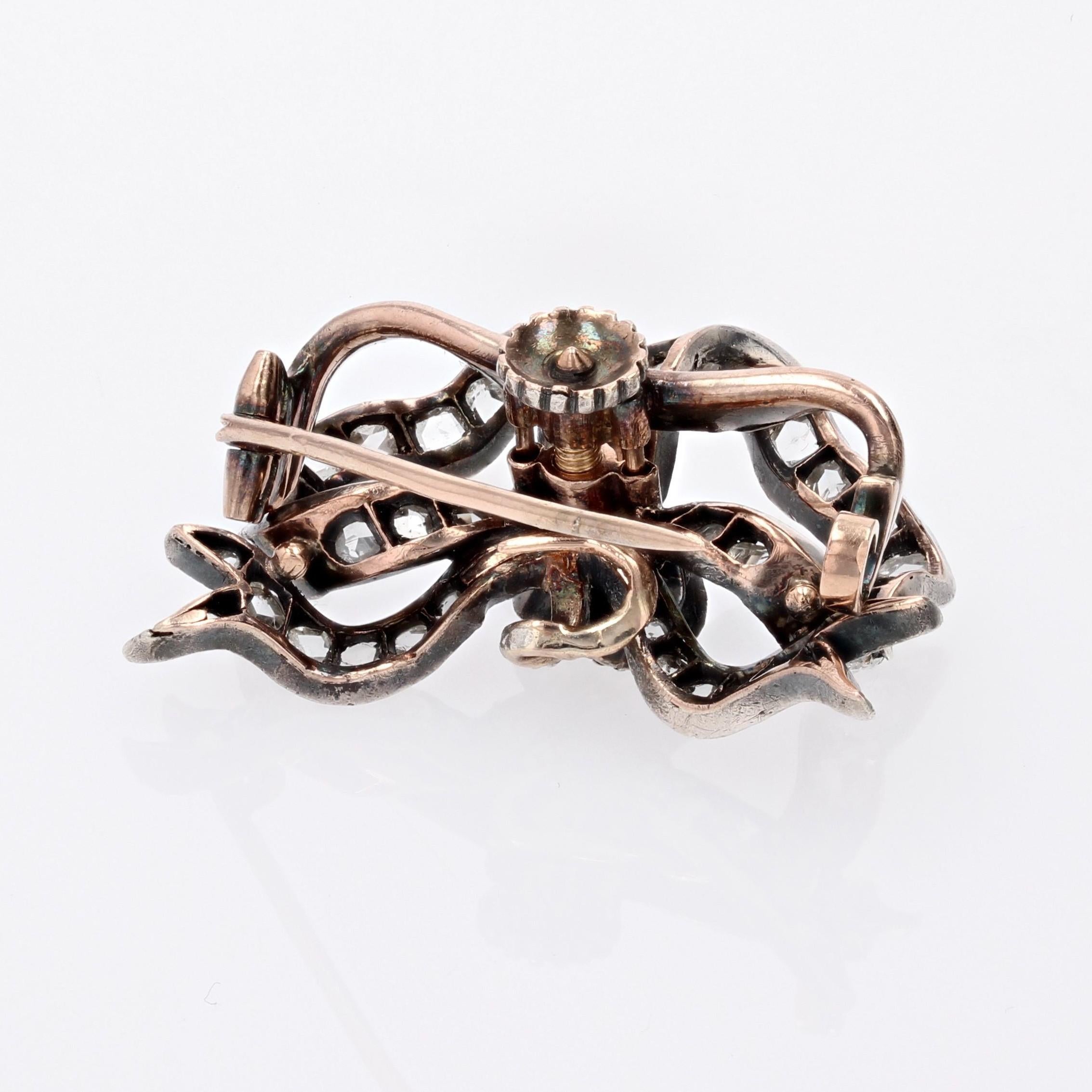 French 19th Century Diamonds 18 Karat Rose Gold Silver Brooch Pendant For Sale 5