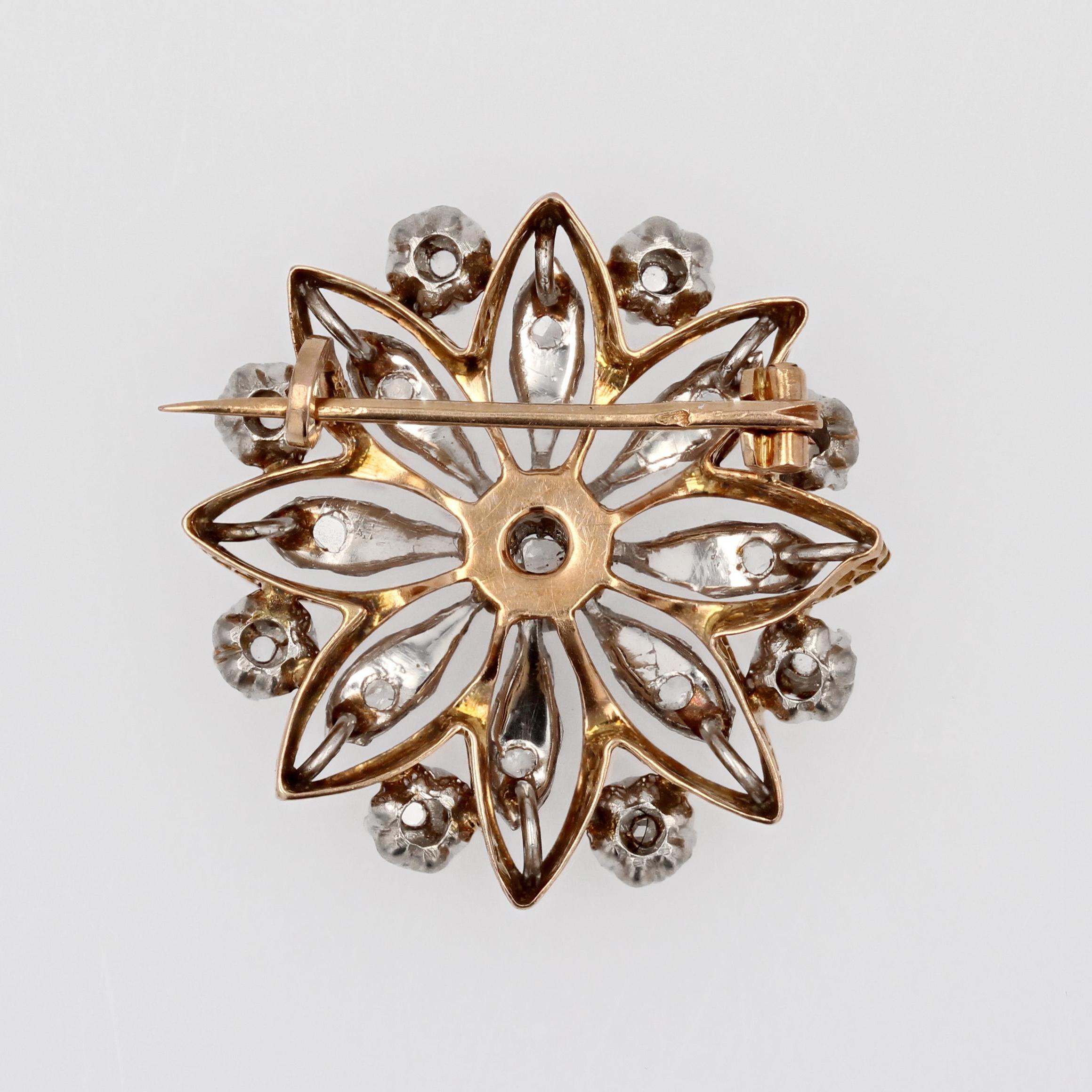 French 19th Century Diamonds 18 Karat Rose Gold Snowflake Brooch For Sale 7