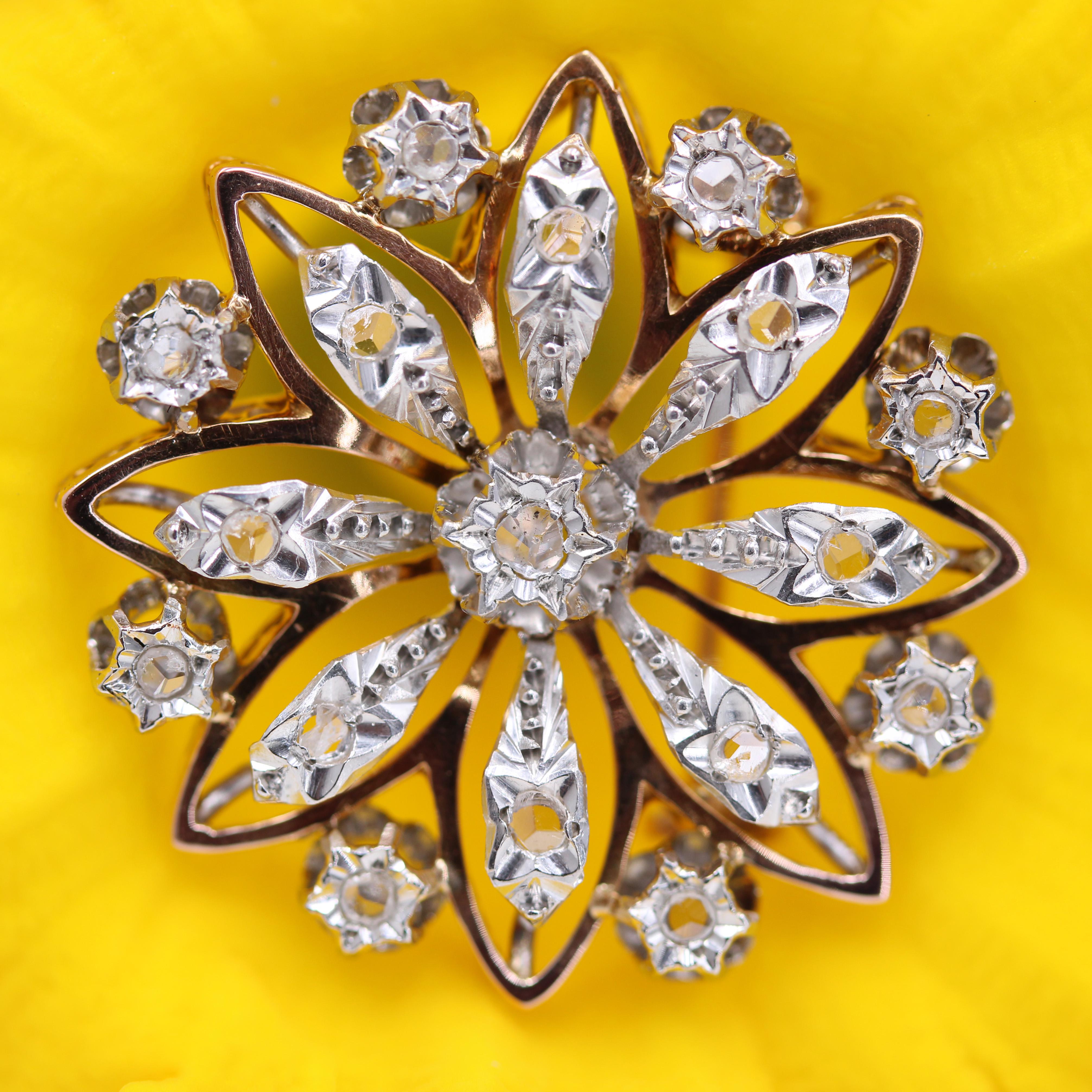 Napoleon III French 19th Century Diamonds 18 Karat Rose Gold Snowflake Brooch