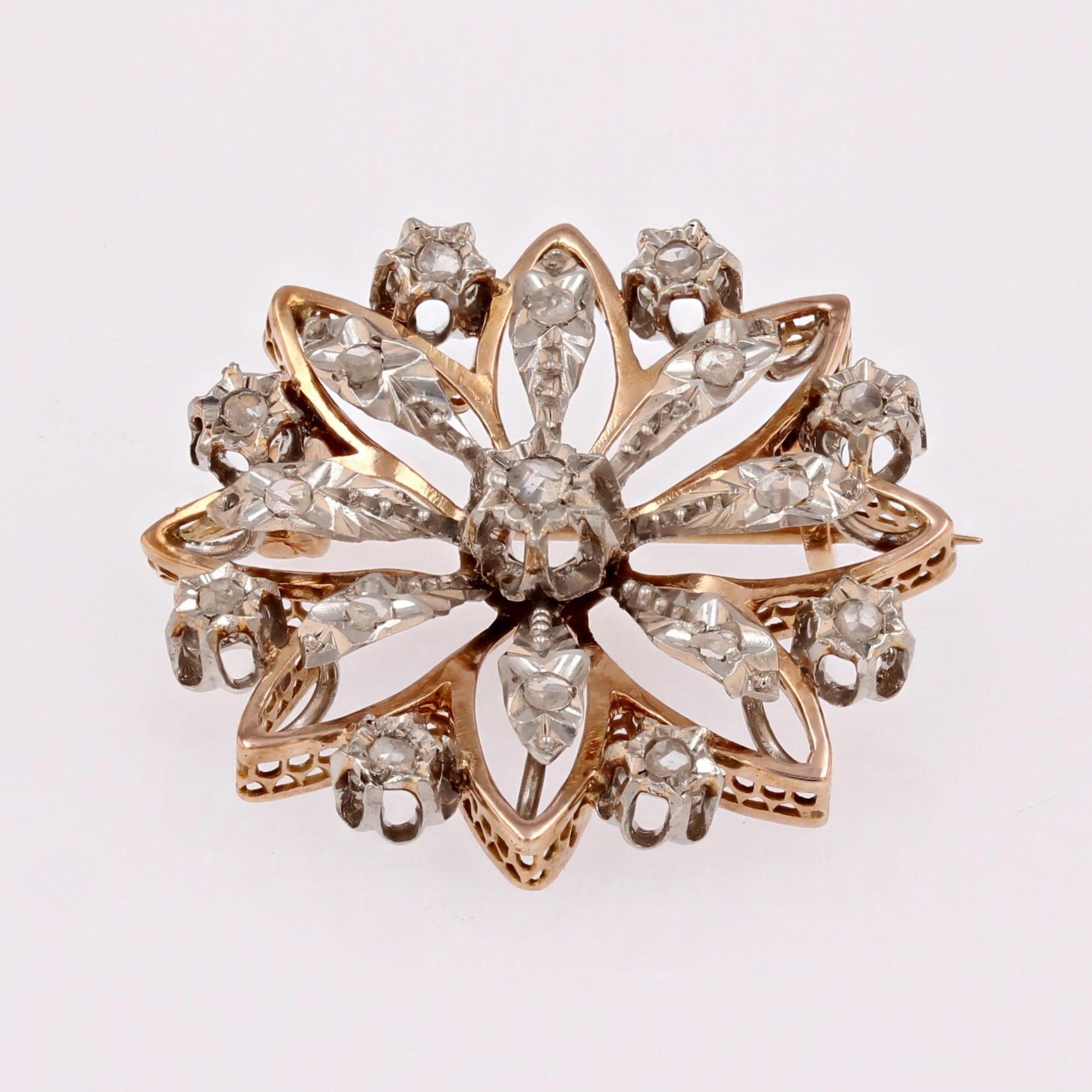 Rose Cut French 19th Century Diamonds 18 Karat Rose Gold Snowflake Brooch For Sale