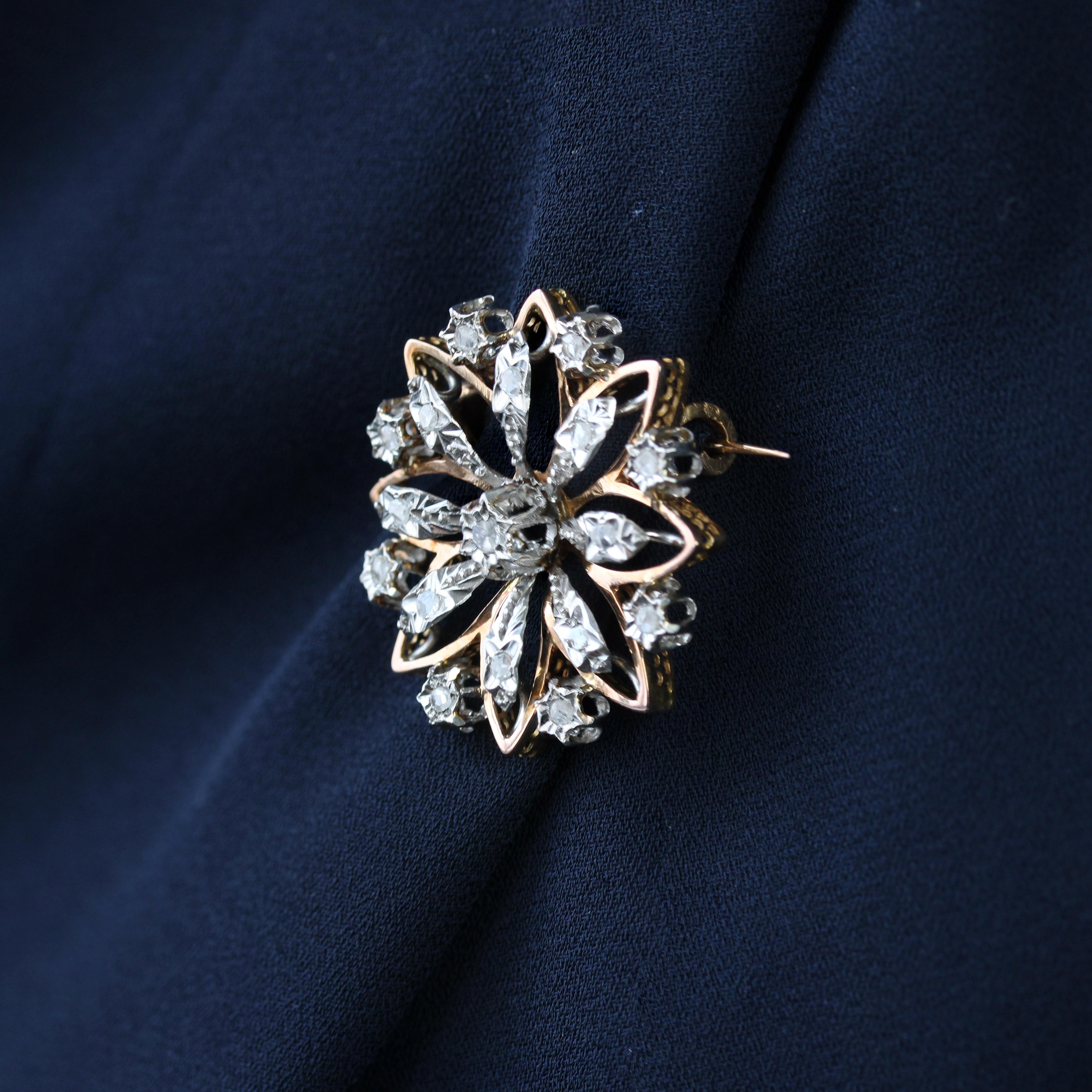 French 19th Century Diamonds 18 Karat Rose Gold Snowflake Brooch 2