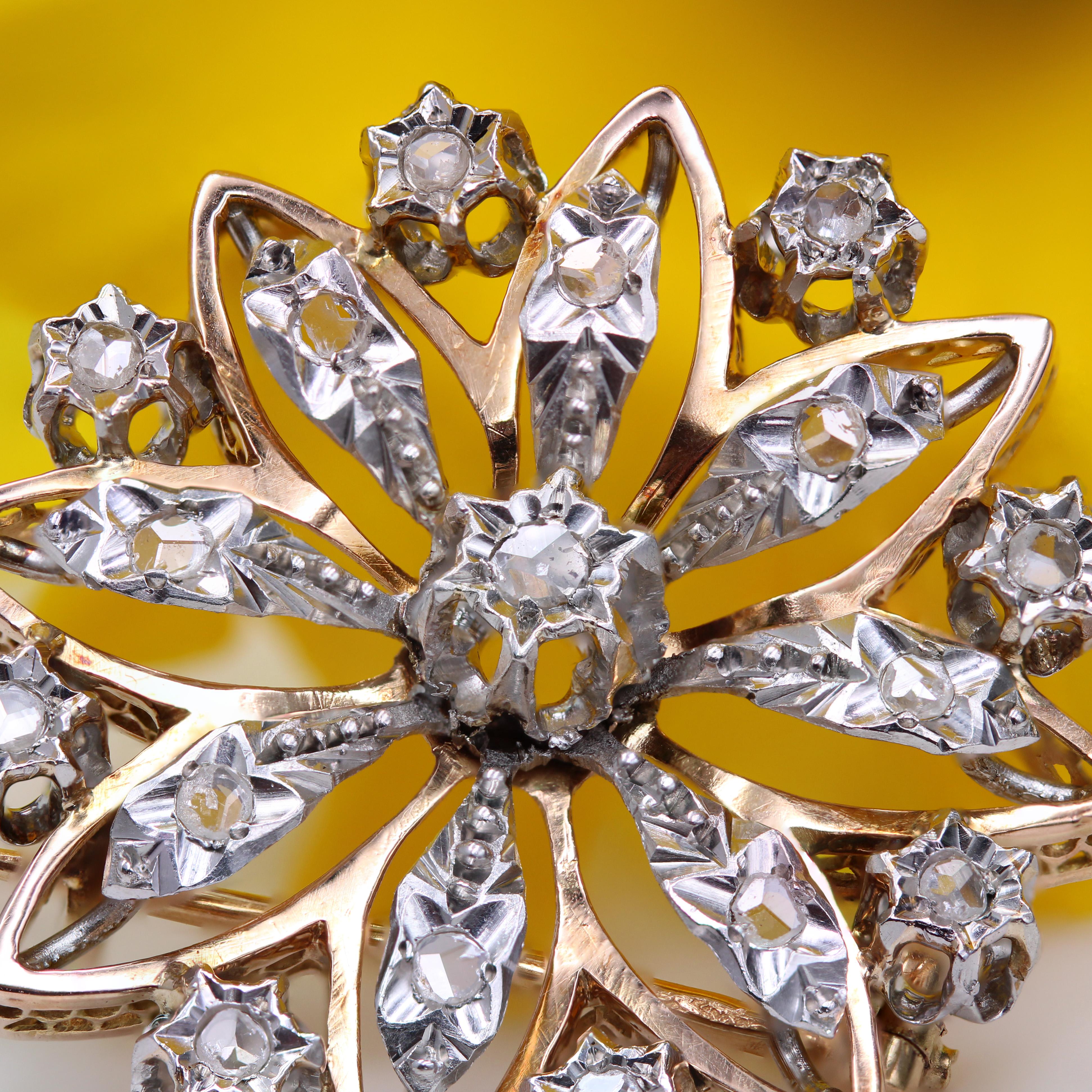 French 19th Century Diamonds 18 Karat Rose Gold Snowflake Brooch 3