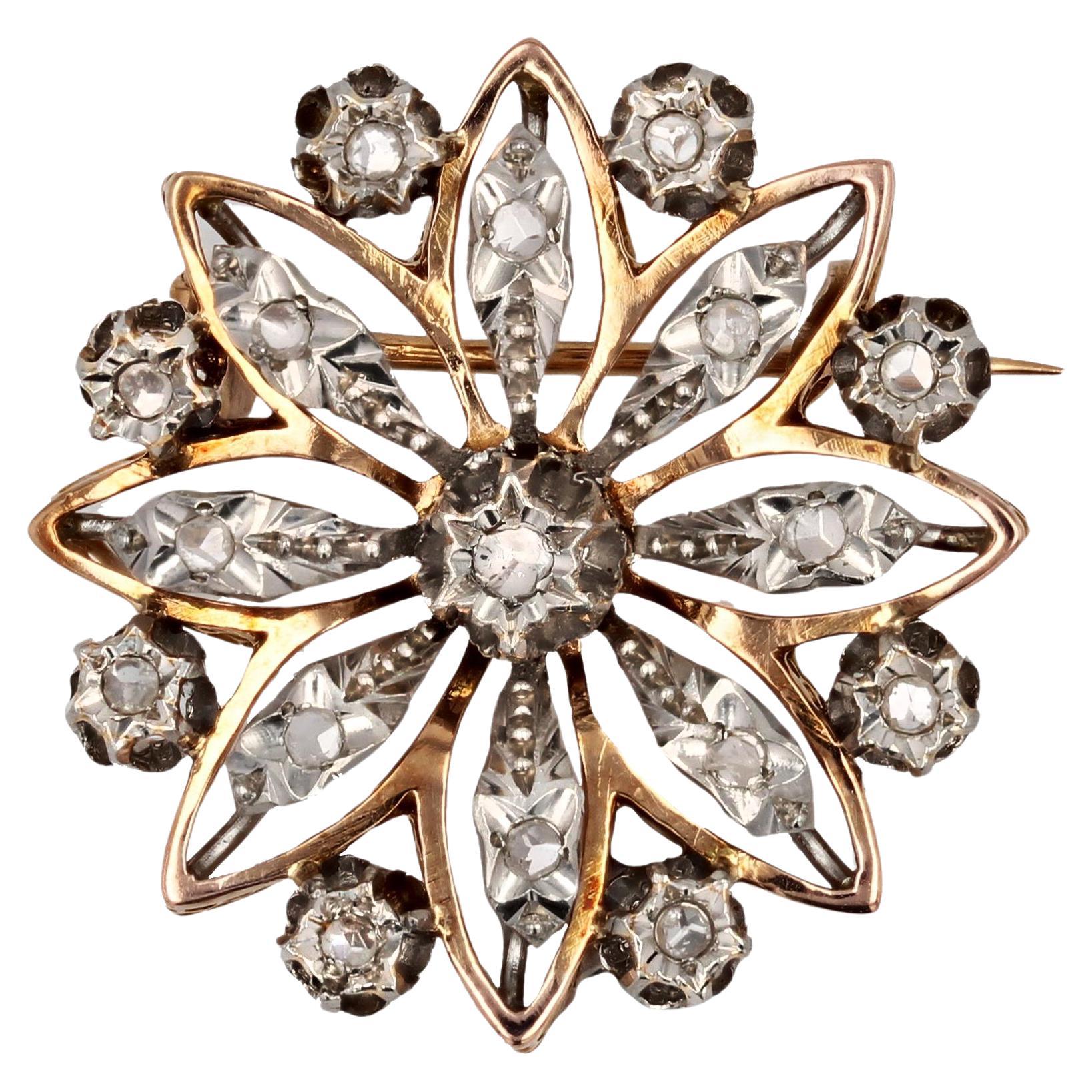 French 19th Century Diamonds 18 Karat Rose Gold Snowflake Brooch For Sale