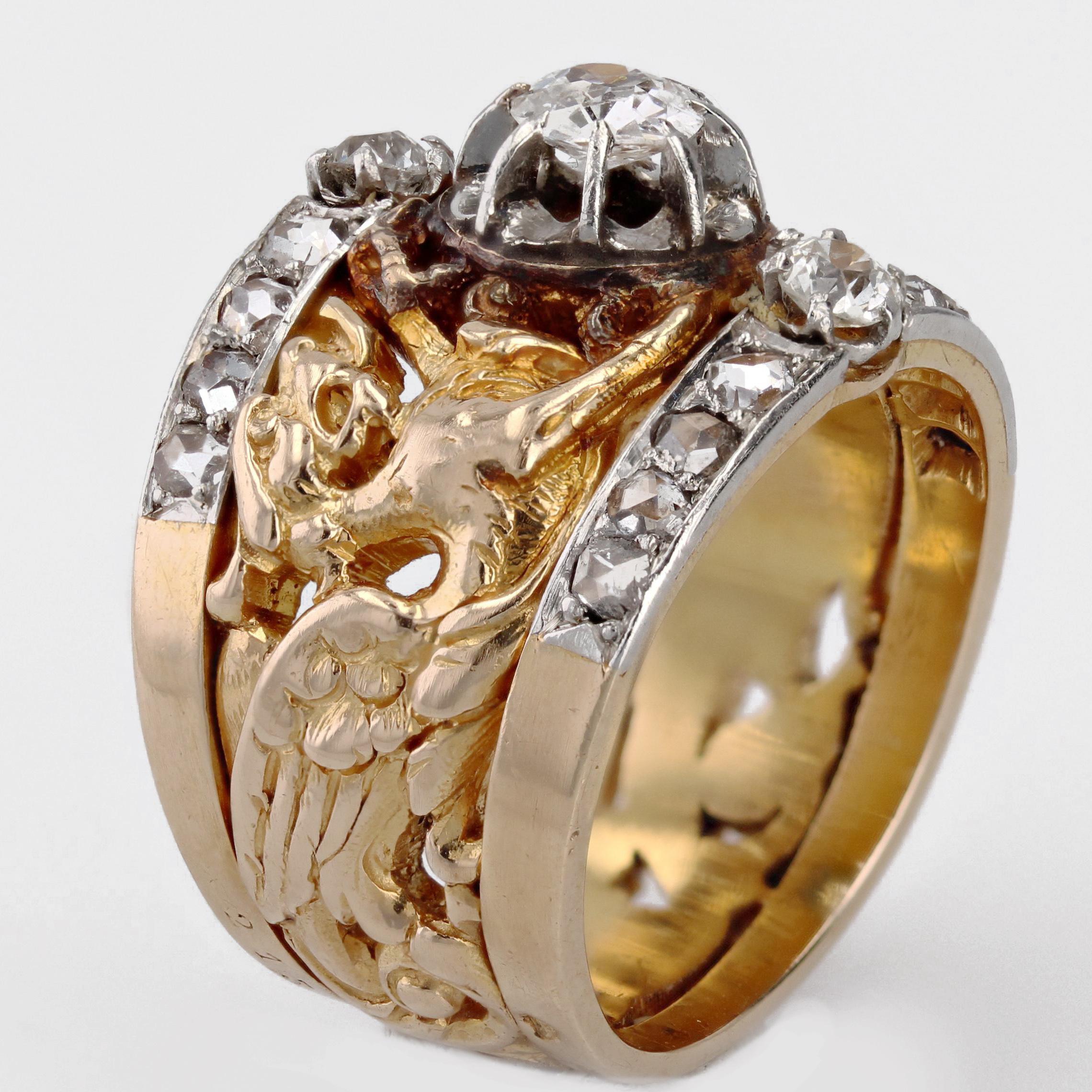 French 19th Century Diamonds 18 Karat Yellow Gold Chimeras Band Ring For Sale 1