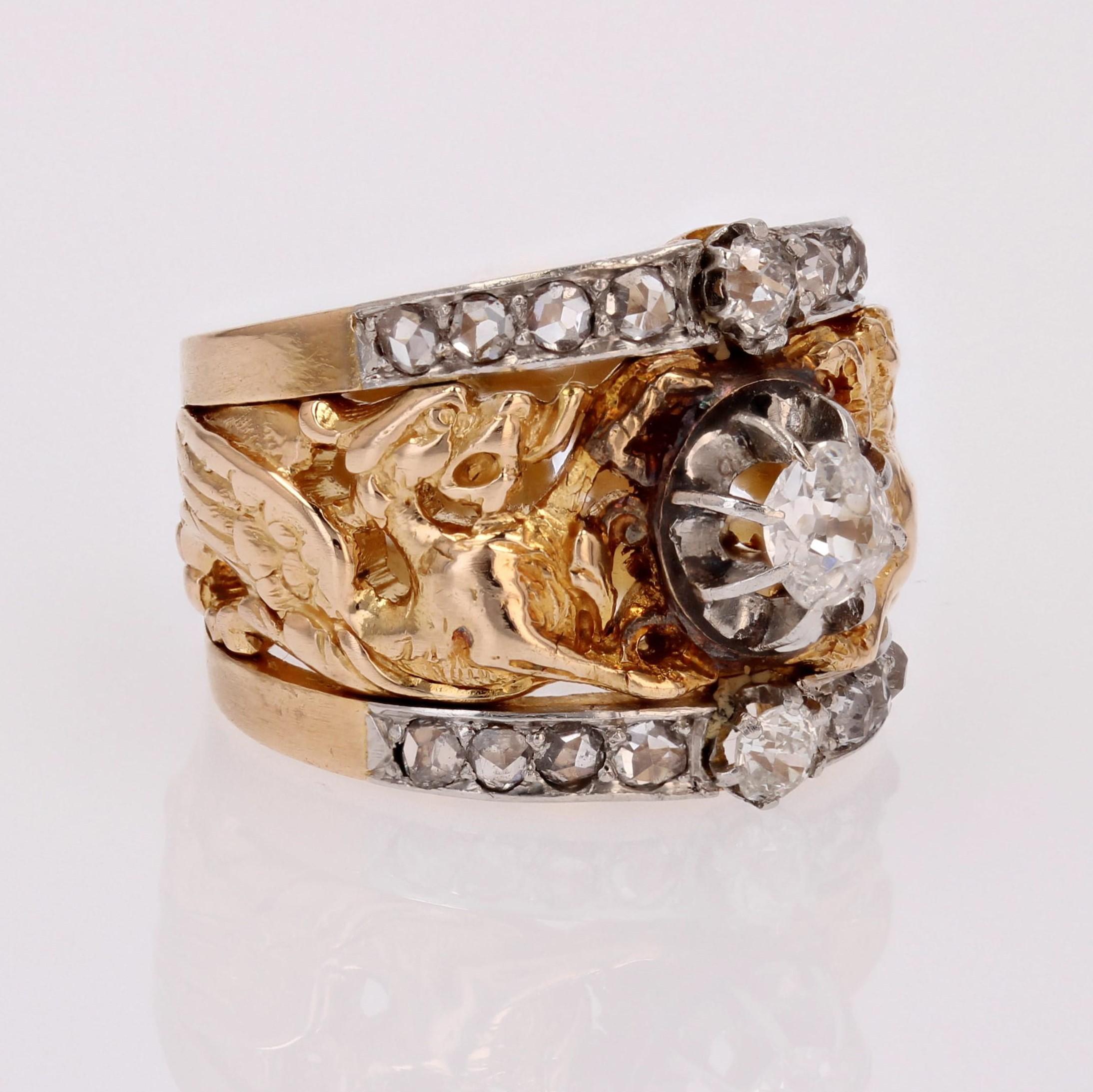 Bague à anneau en or jaune 18 carats, diamants du 19e siècle et chimères françaises en vente 5
