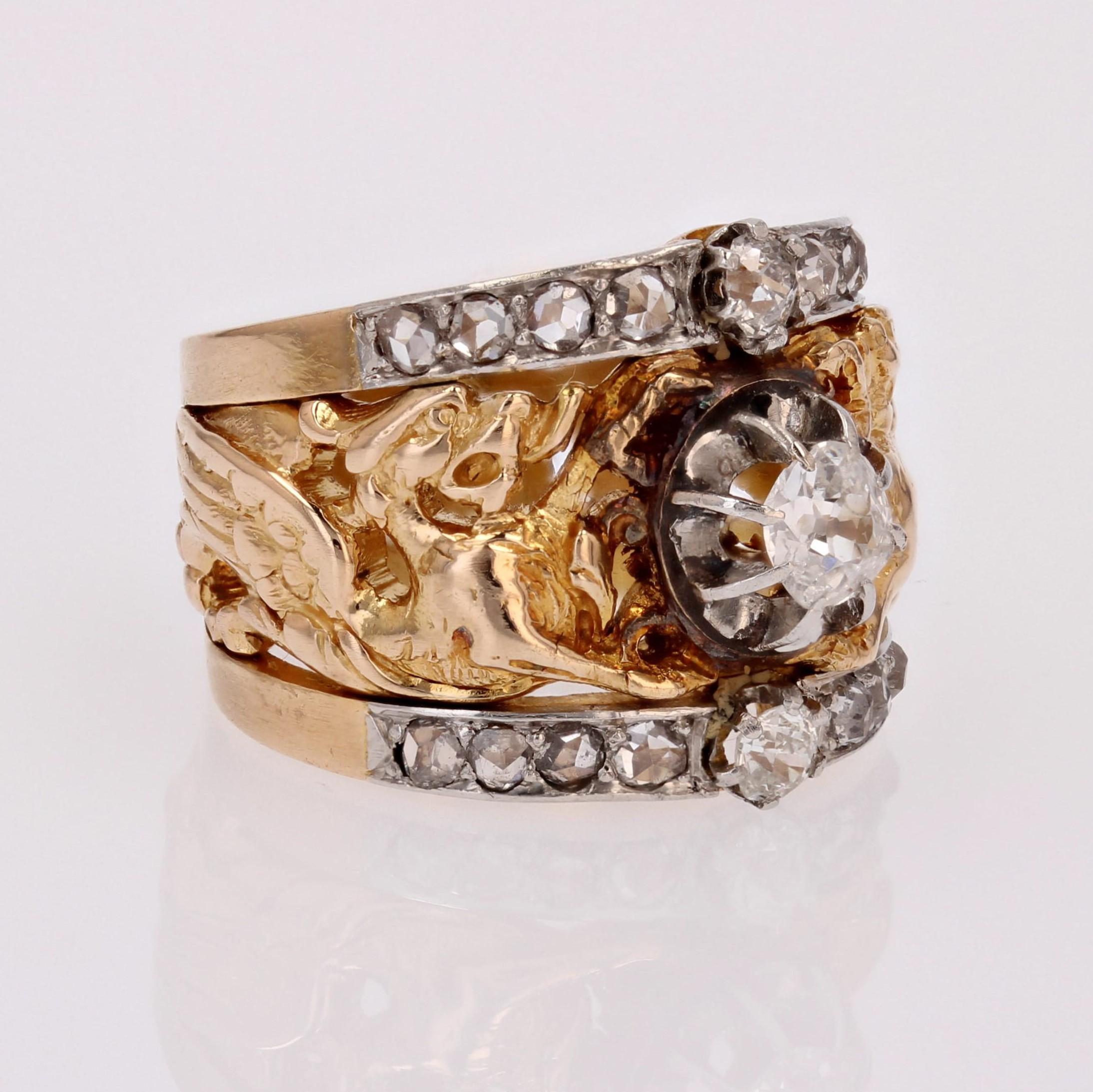 French 19th Century Diamonds 18 Karat Yellow Gold Chimeras Band Ring For Sale 3
