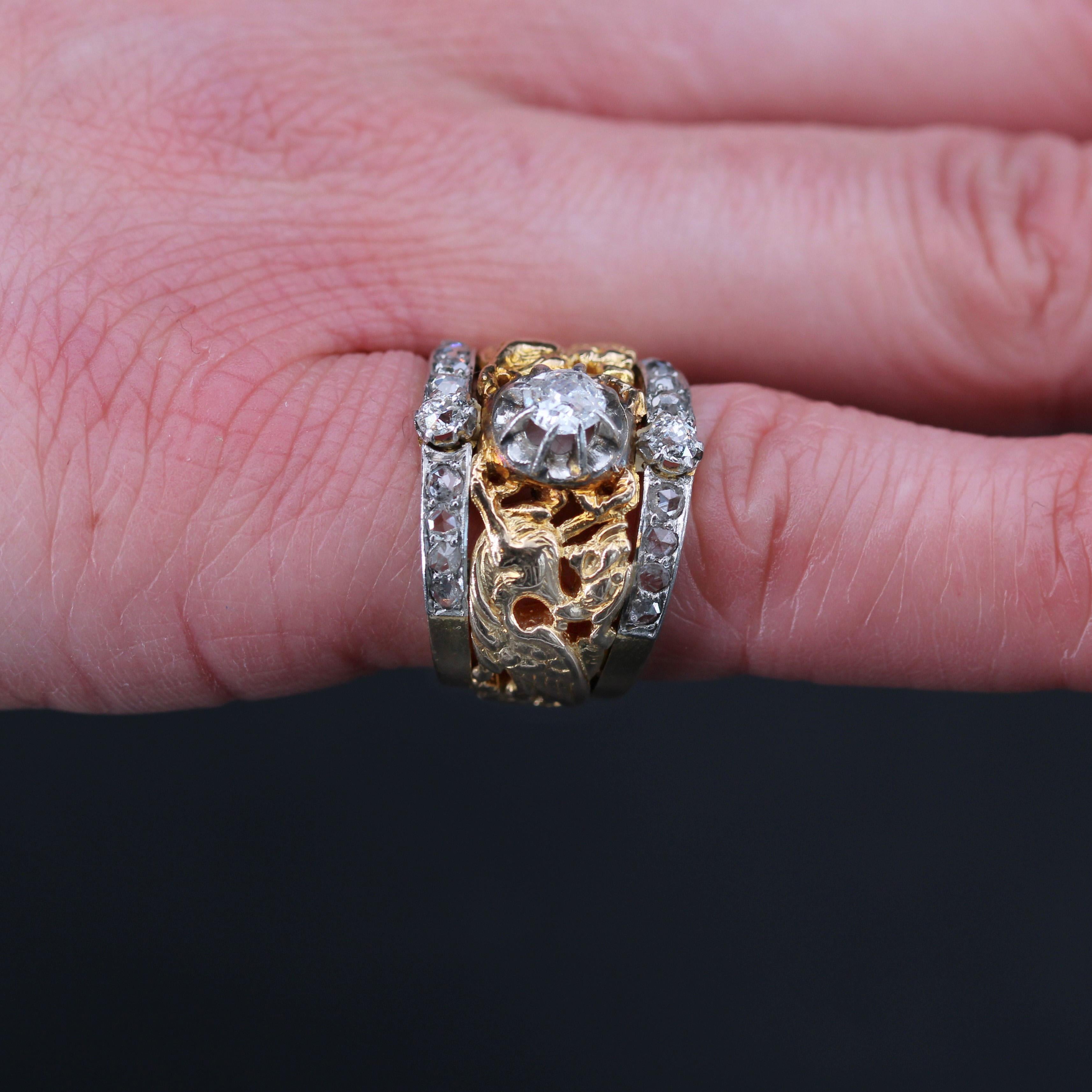 French 19th Century Diamonds 18 Karat Yellow Gold Chimeras Band Ring For Sale 4