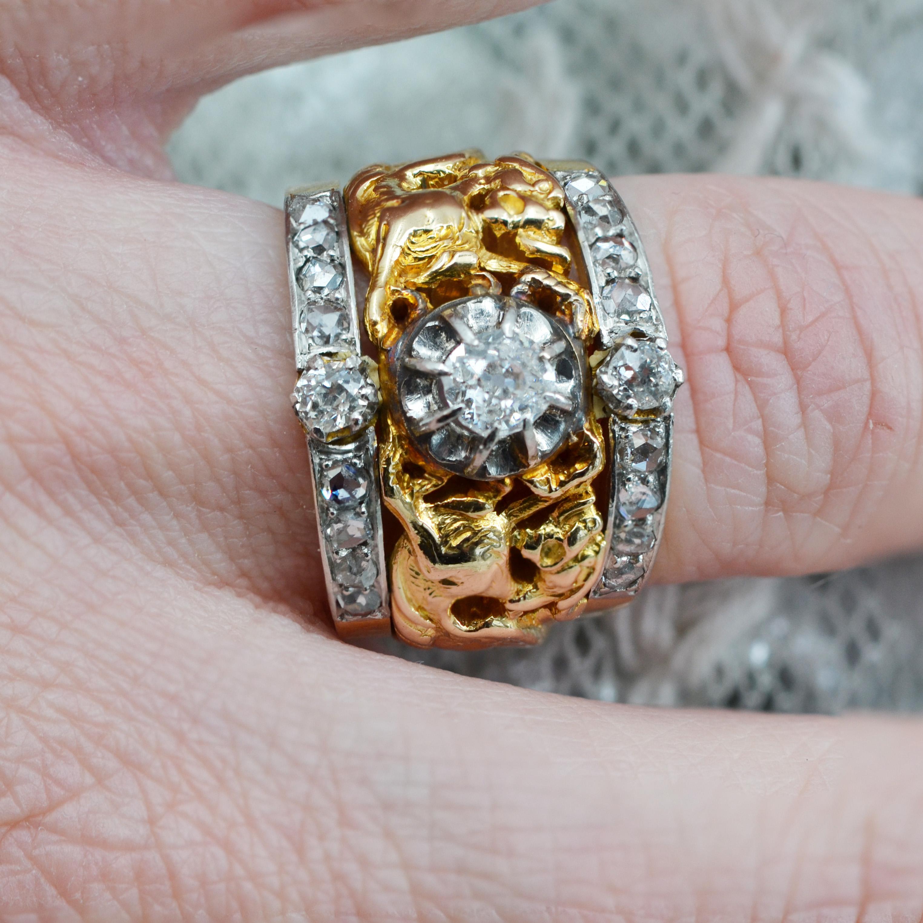 Bague à anneau en or jaune 18 carats, diamants du 19e siècle et chimères françaises en vente 8