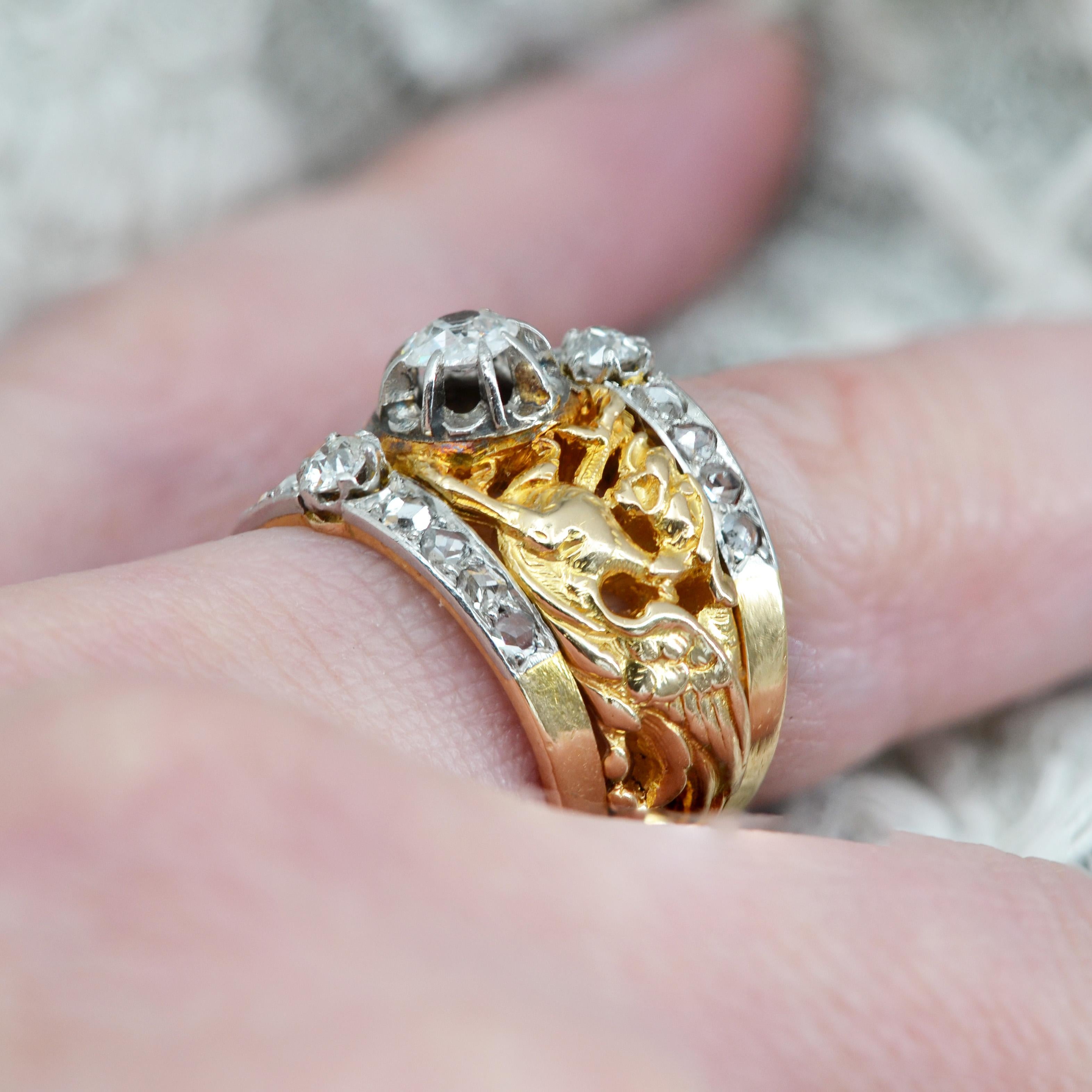 Bague à anneau en or jaune 18 carats, diamants du 19e siècle et chimères françaises en vente 9