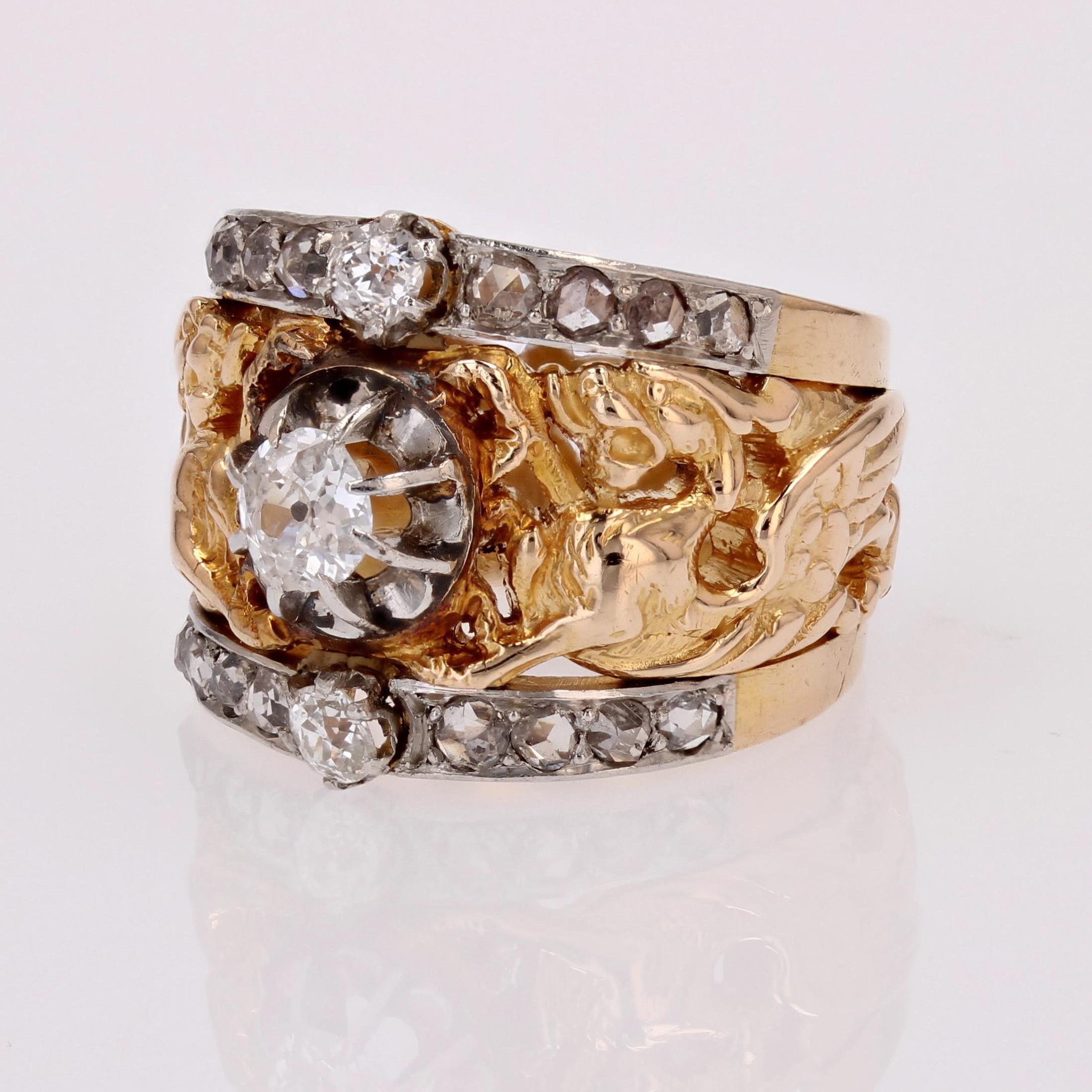 French 19th Century Diamonds 18 Karat Yellow Gold Chimeras Band Ring In Good Condition For Sale In Poitiers, FR