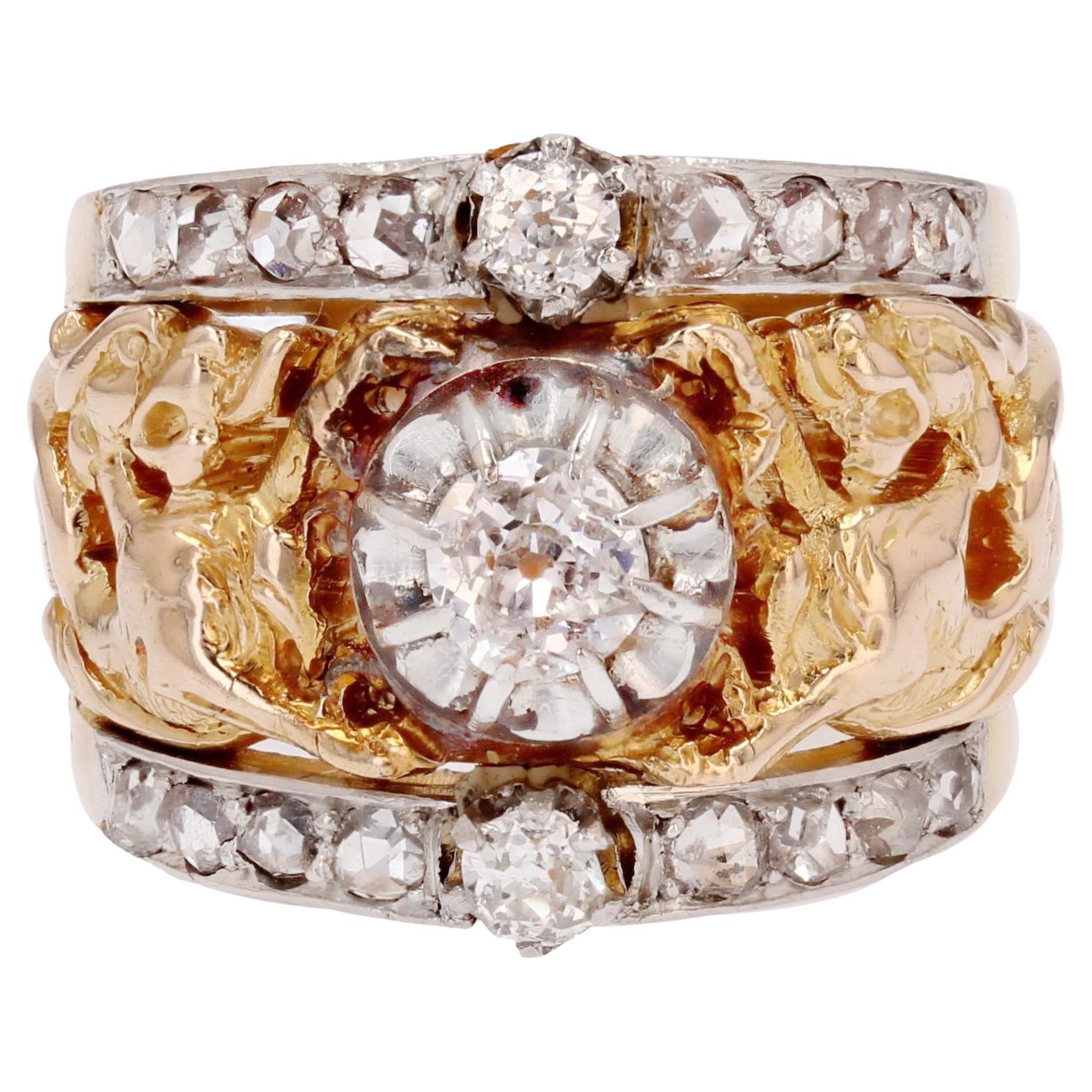Bague à anneau en or jaune 18 carats, diamants du 19e siècle et chimères françaises en vente