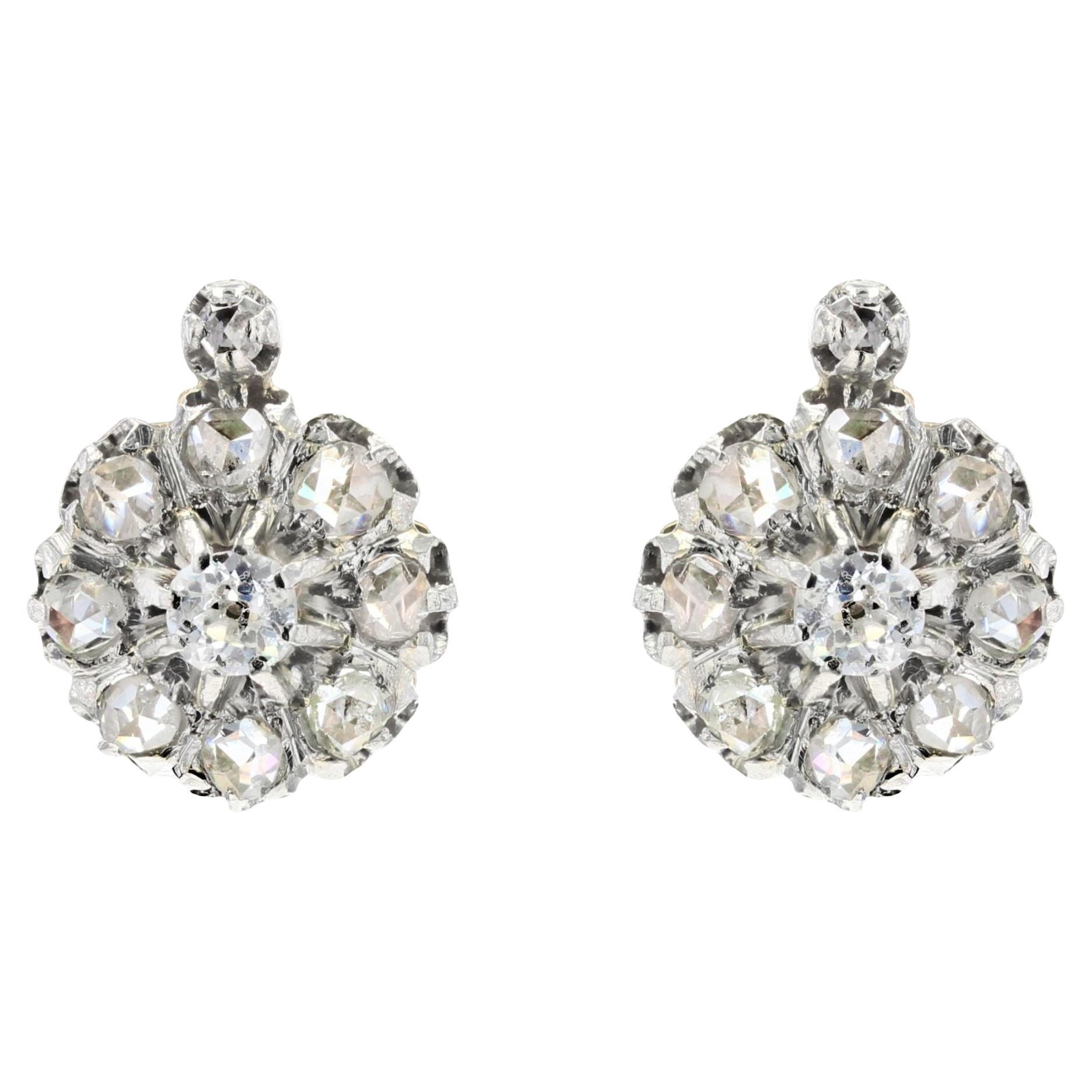 French 19th Century Diamonds 18 Karat Yellow Gold Platinum Daisy Earrings