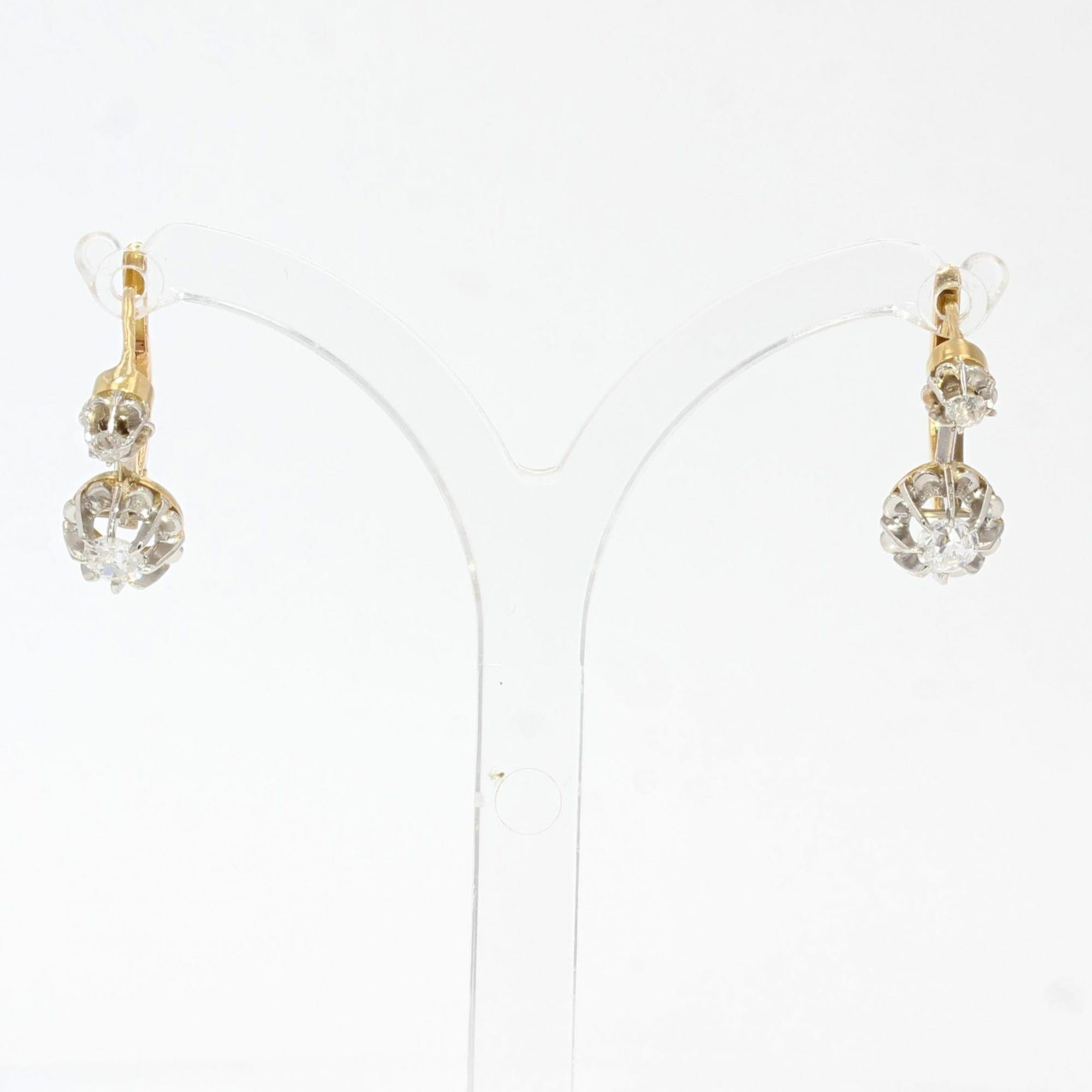 Taille brillant Pendants d'oreilles en or jaune 18 carats et platine avec diamants, France, XIXe siècle en vente