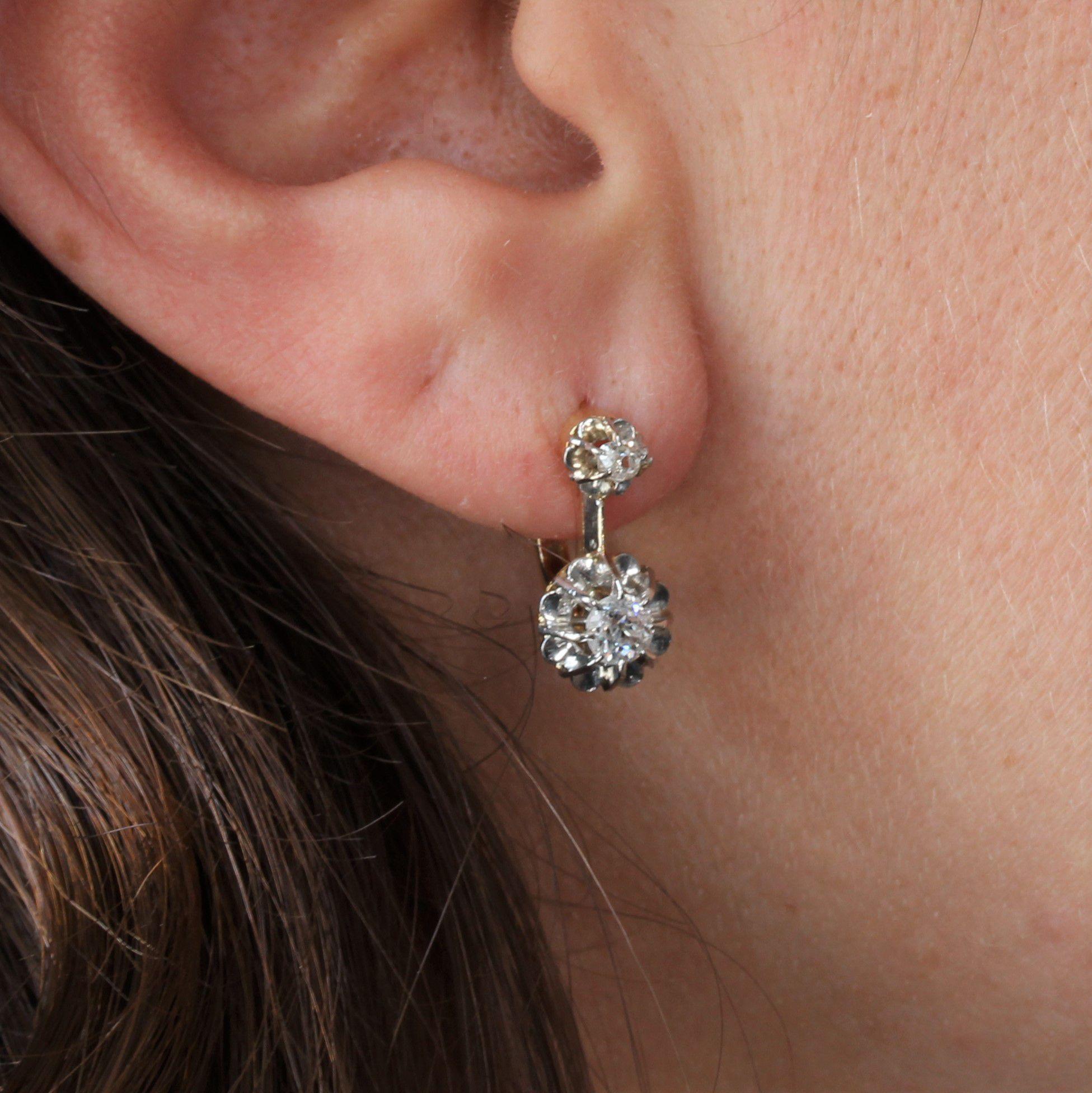 Pendants d'oreilles en or jaune 18 carats et platine avec diamants, France, XIXe siècle Pour femmes en vente