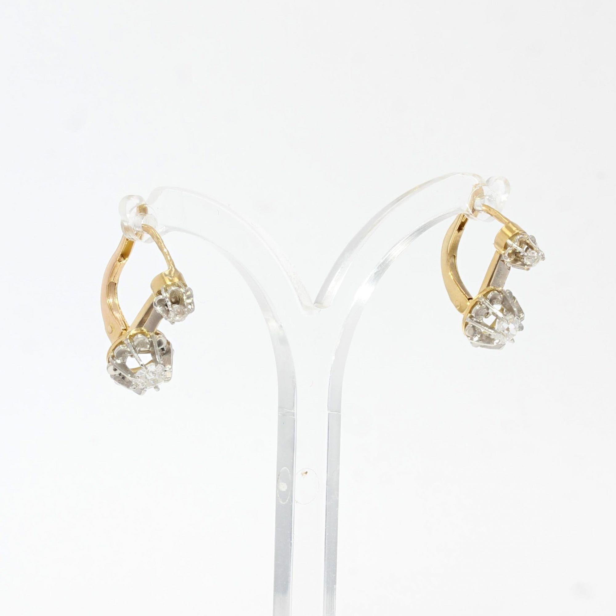 Brilliant Cut French 19th Century Diamonds 18 Karat Yellow Gold Platinum Dangle Earrings For Sale
