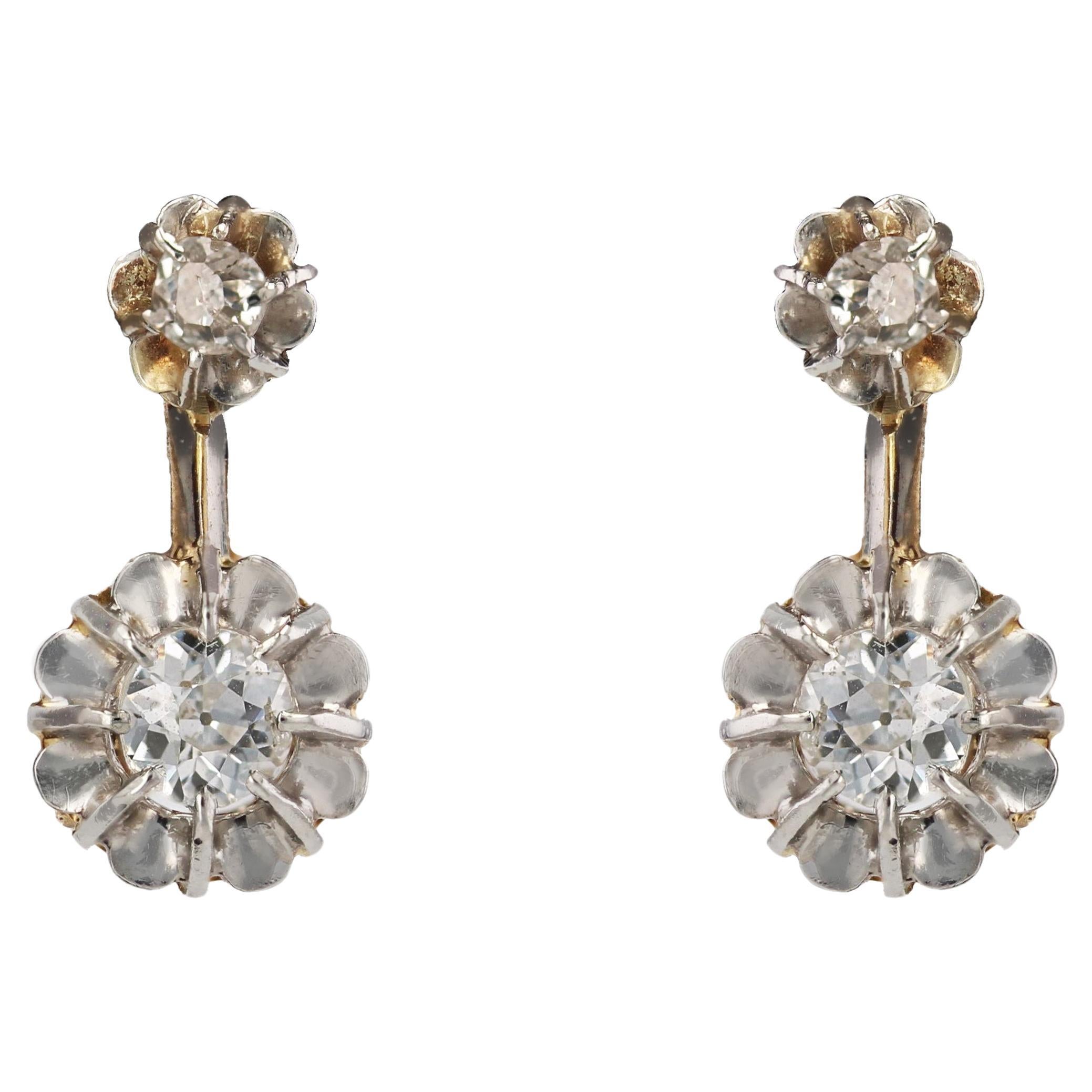 French 19th Century Diamonds 18 Karat Yellow Gold Platinum Dangle Earrings For Sale