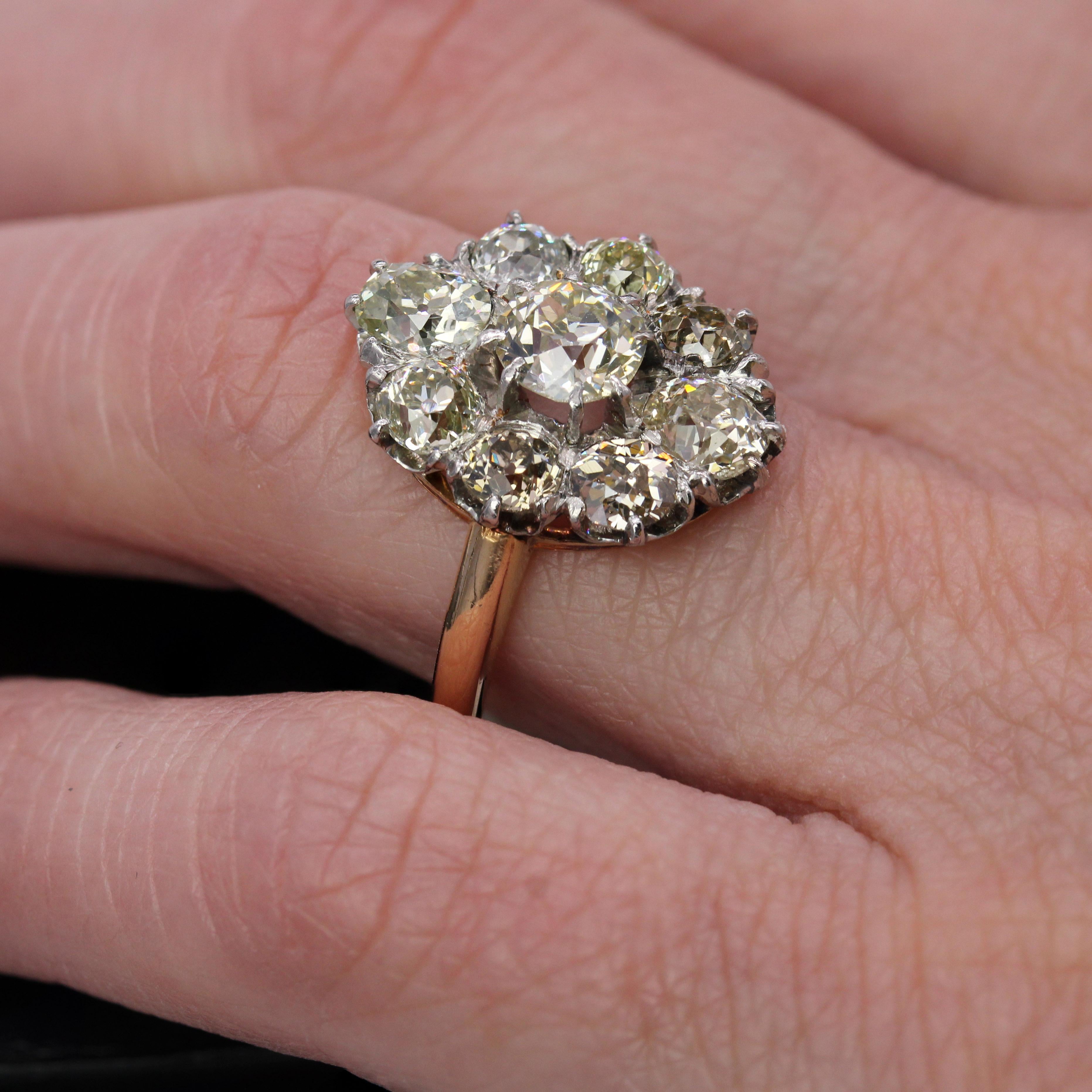 French 19th Century Diamonds 18 Karat Yellow Gold Platinum Pompadour Ring in vendita 9