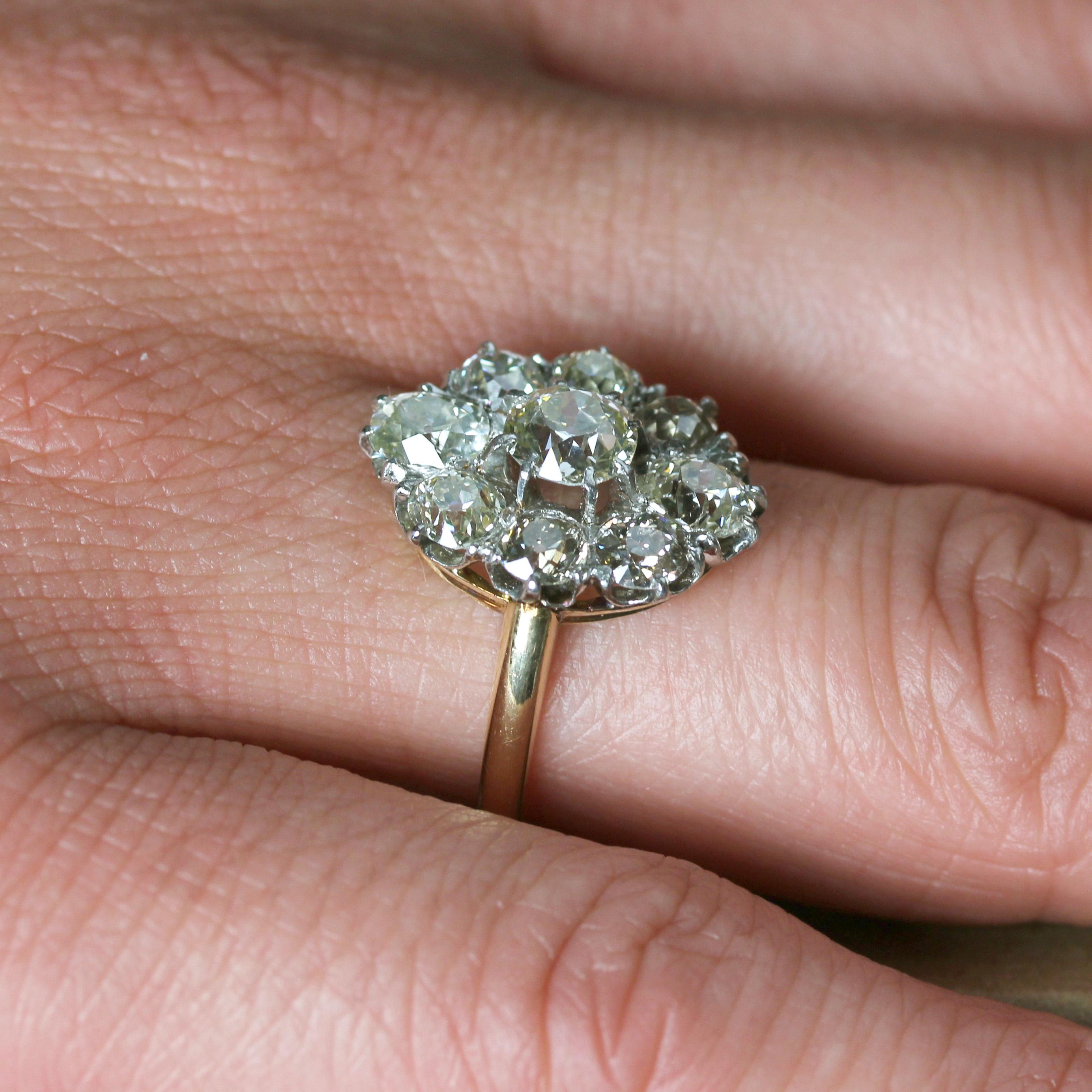 French 19th Century Diamonds 18 Karat Yellow Gold Platinum Pompadour Ring in vendita 11