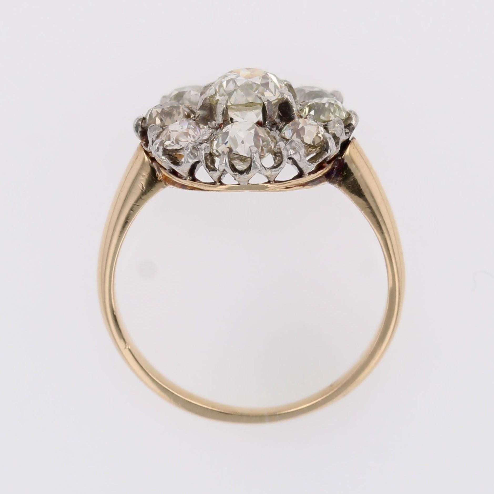 French 19th Century Diamonds 18 Karat Yellow Gold Platinum Pompadour Ring in vendita 12